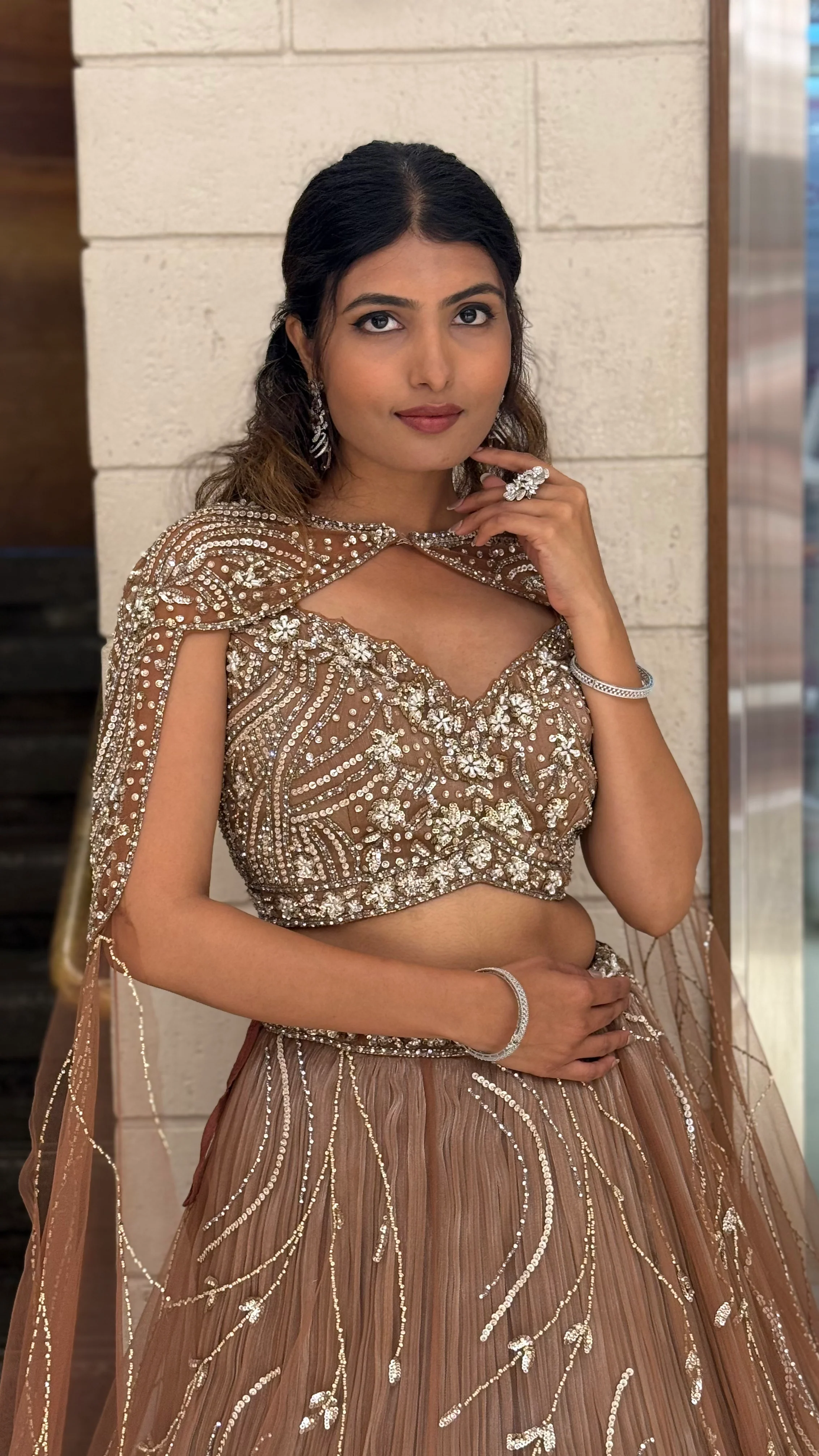 Rose Taupe Sequin Embellished Designer Lehenga Choli with Cape-Style Dupatta - Image 5