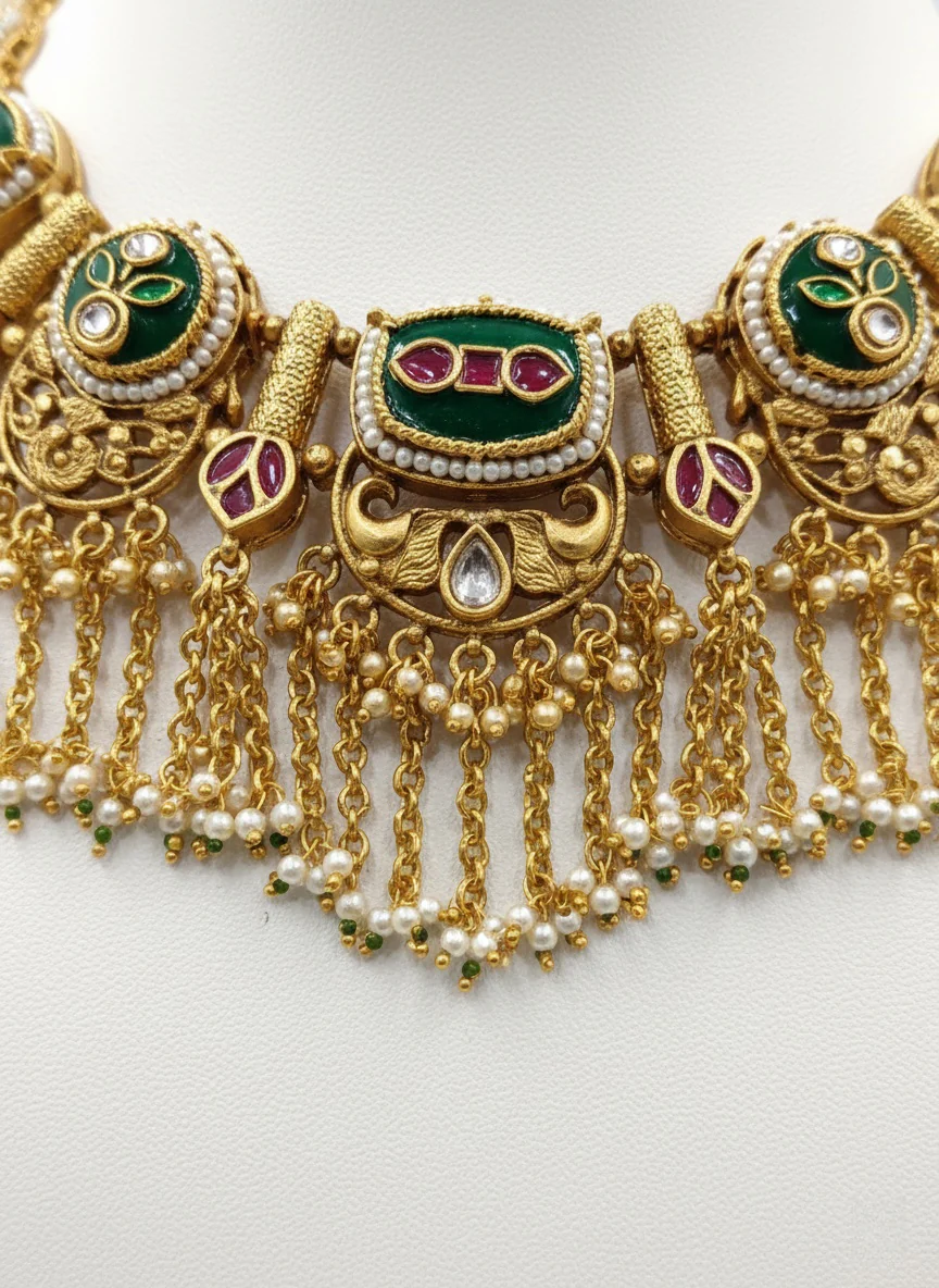 Royal Antique Gold Kundan Choker Set with Emerald & Ruby Stones - Image 3