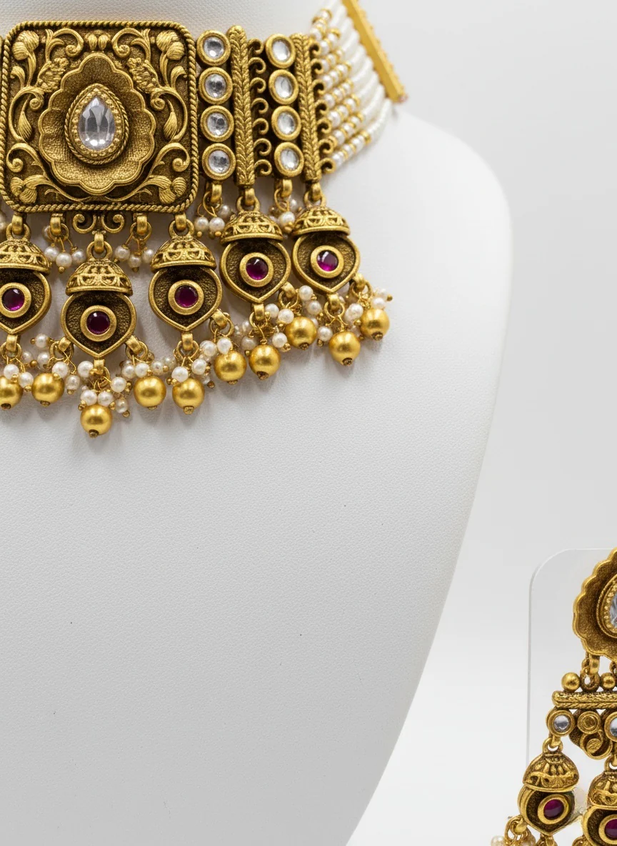 Royal Antique Gold Temple Choker Set with Pearls & Ruby Detailing - Image 3