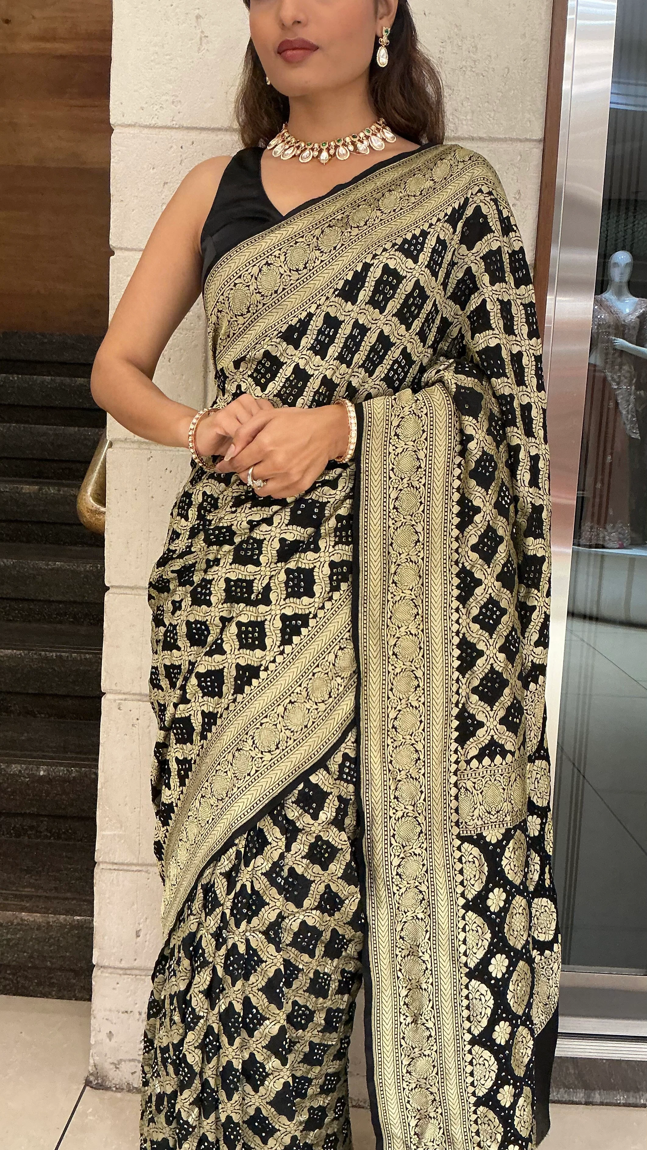 Royal Black & Antique Gold Banarasi Inspired Designer Saree with Heavy Zari Border - Image 2