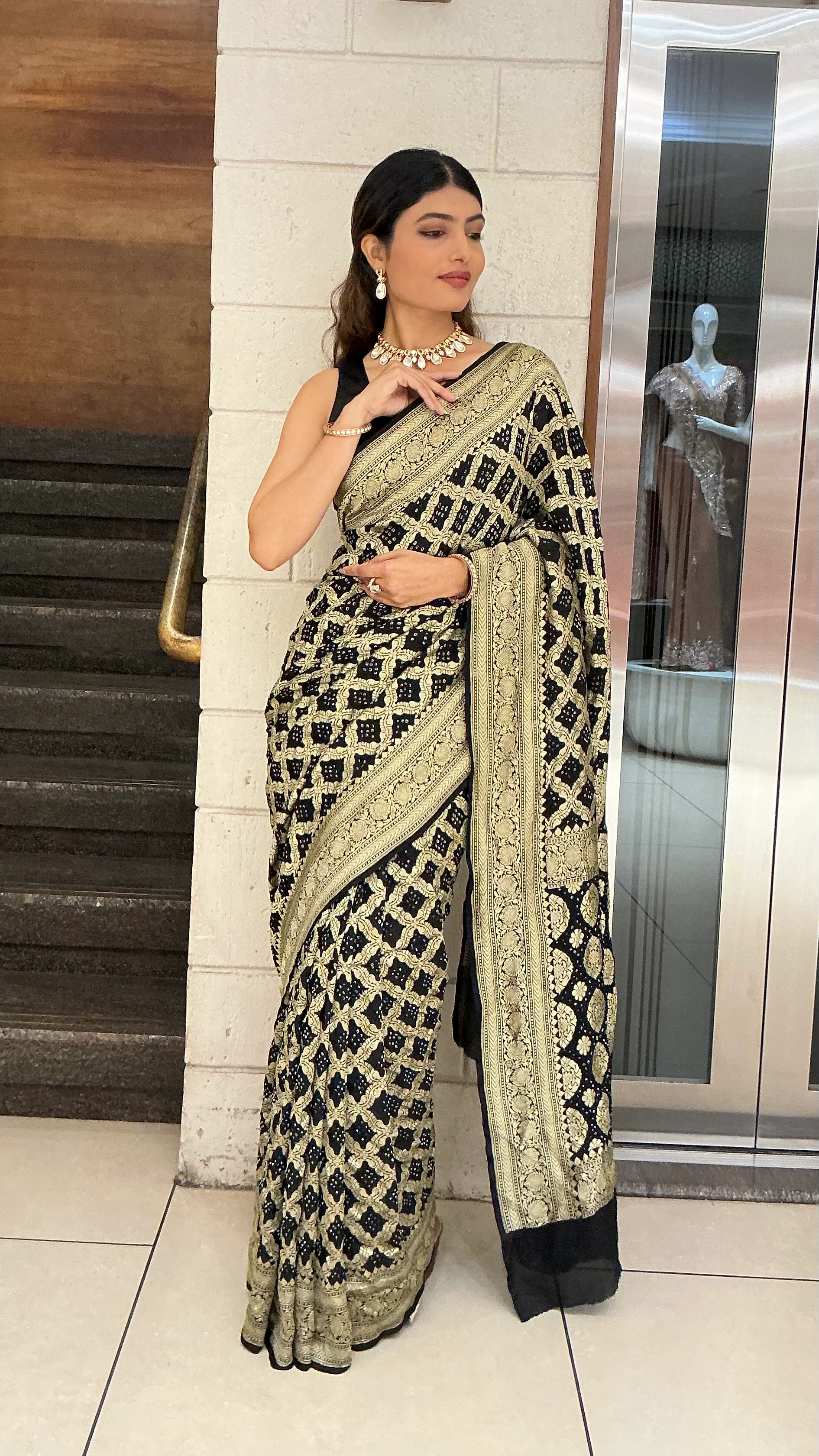 Royal Black & Antique Gold Banarasi Inspired Designer Saree with Heavy Zari Border - Image 3