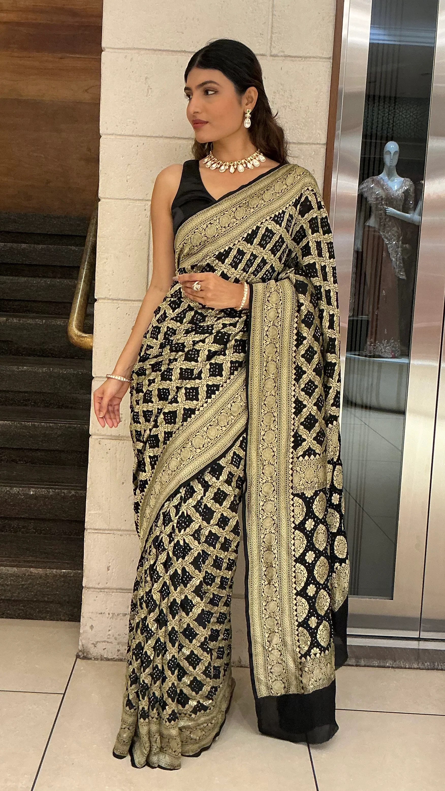 Royal Black & Antique Gold Banarasi Inspired Designer Saree with Heavy Zari Border - Image 4