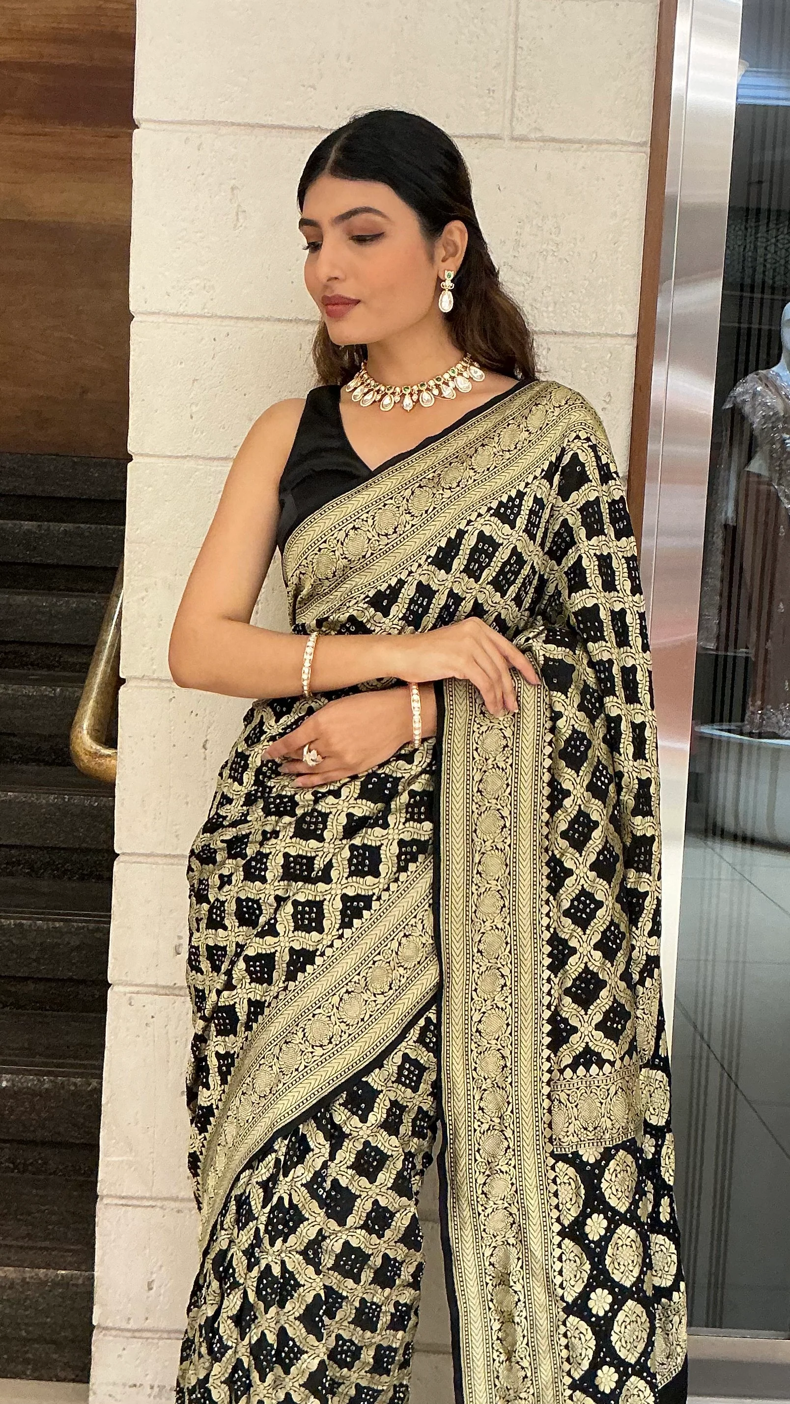 Royal Black & Antique Gold Banarasi Inspired Designer Saree with Heavy Zari Border - Image 5