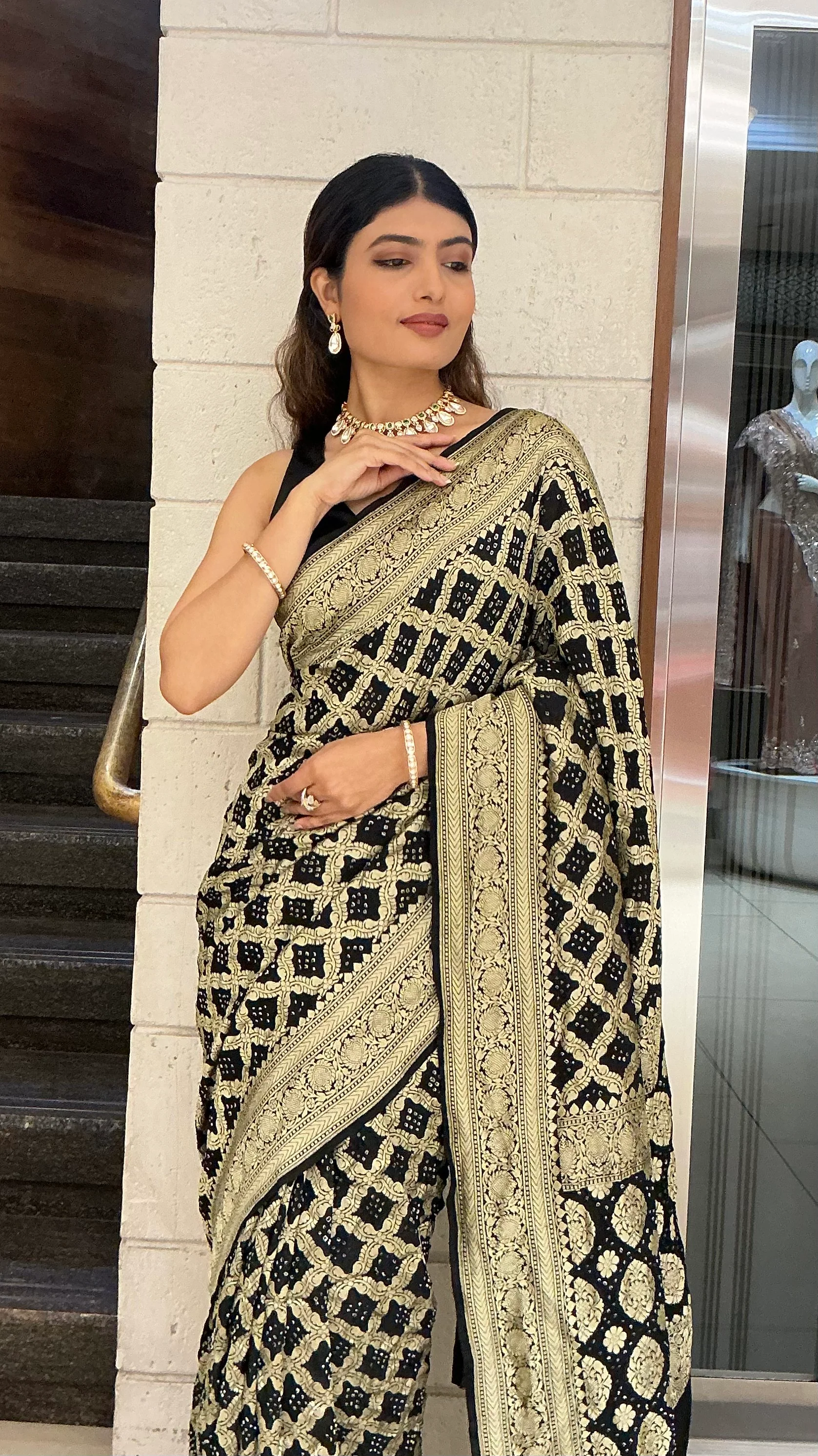 Royal Black & Antique Gold Banarasi Inspired Designer Saree with Heavy Zari Border - Image 6