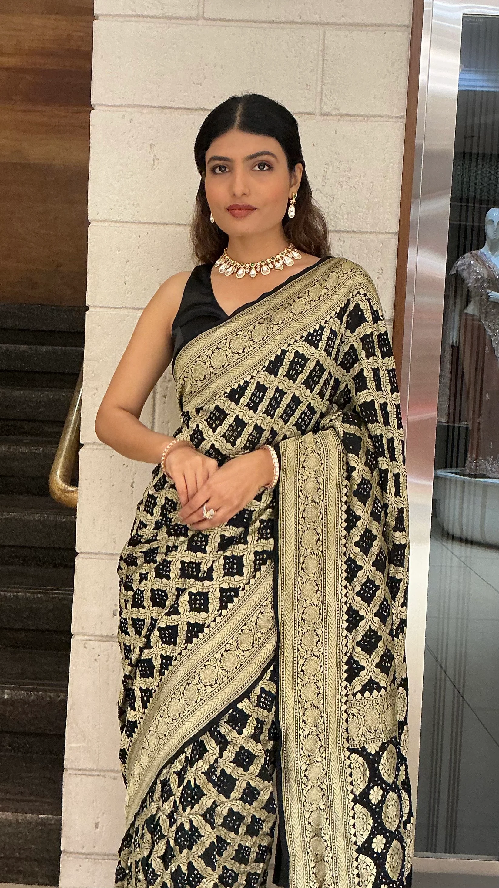 Royal Black & Antique Gold Banarasi Inspired Designer Saree with Heavy Zari Border - Image 7