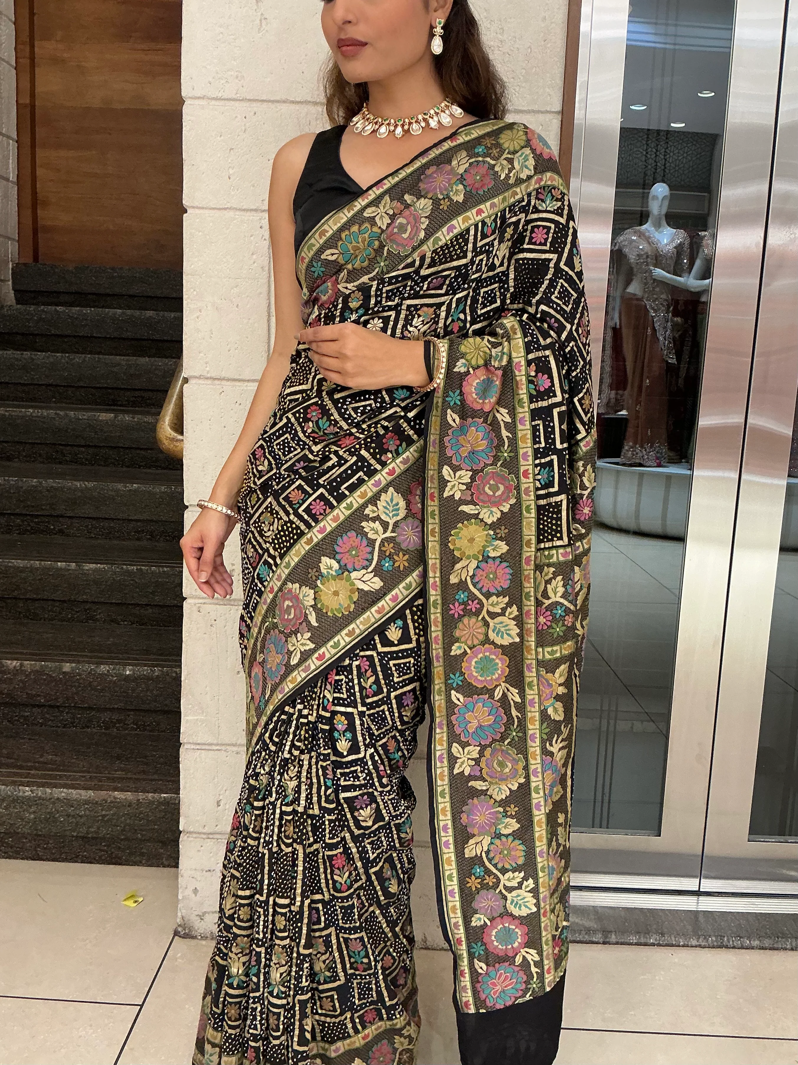 Royal Black Multicolour Floral Jacquard Woven Designer Saree with Traditional Border - Image 2