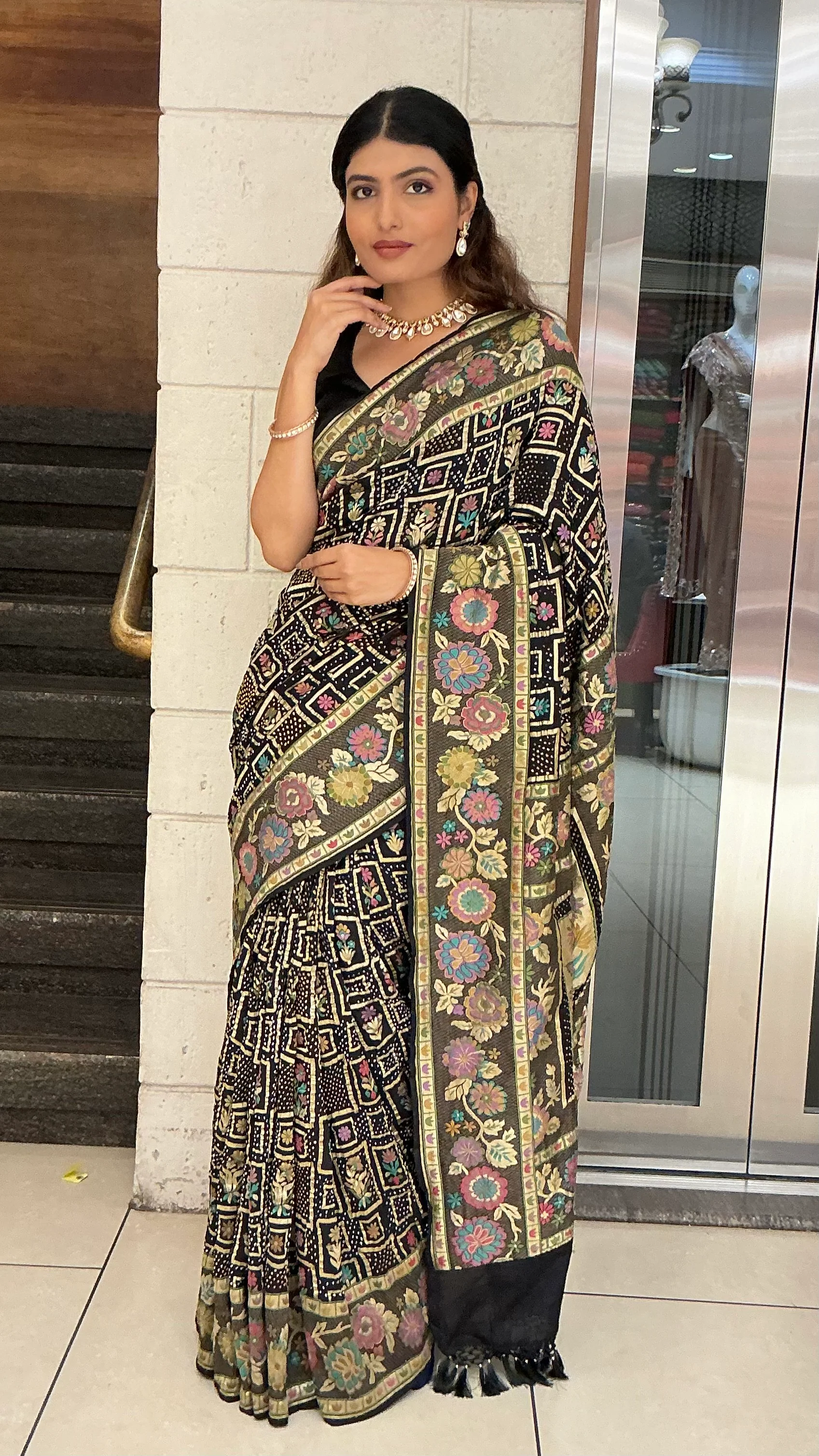 Royal Black Multicolour Floral Jacquard Woven Designer Saree with Traditional Border - Image 3