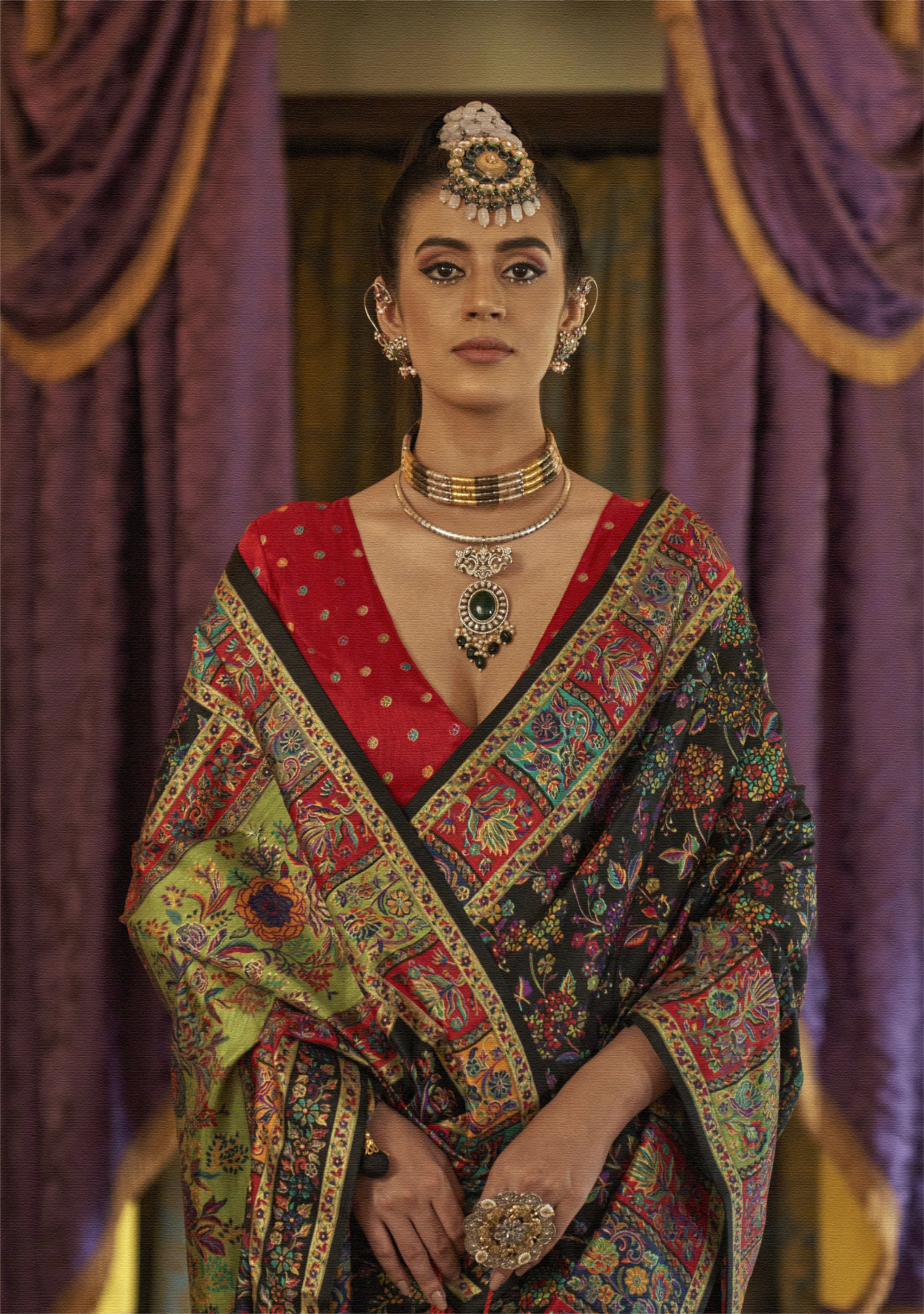 Royal Black Pashmina Inspired Heritage Print Saree with Red Blouse - Image 2