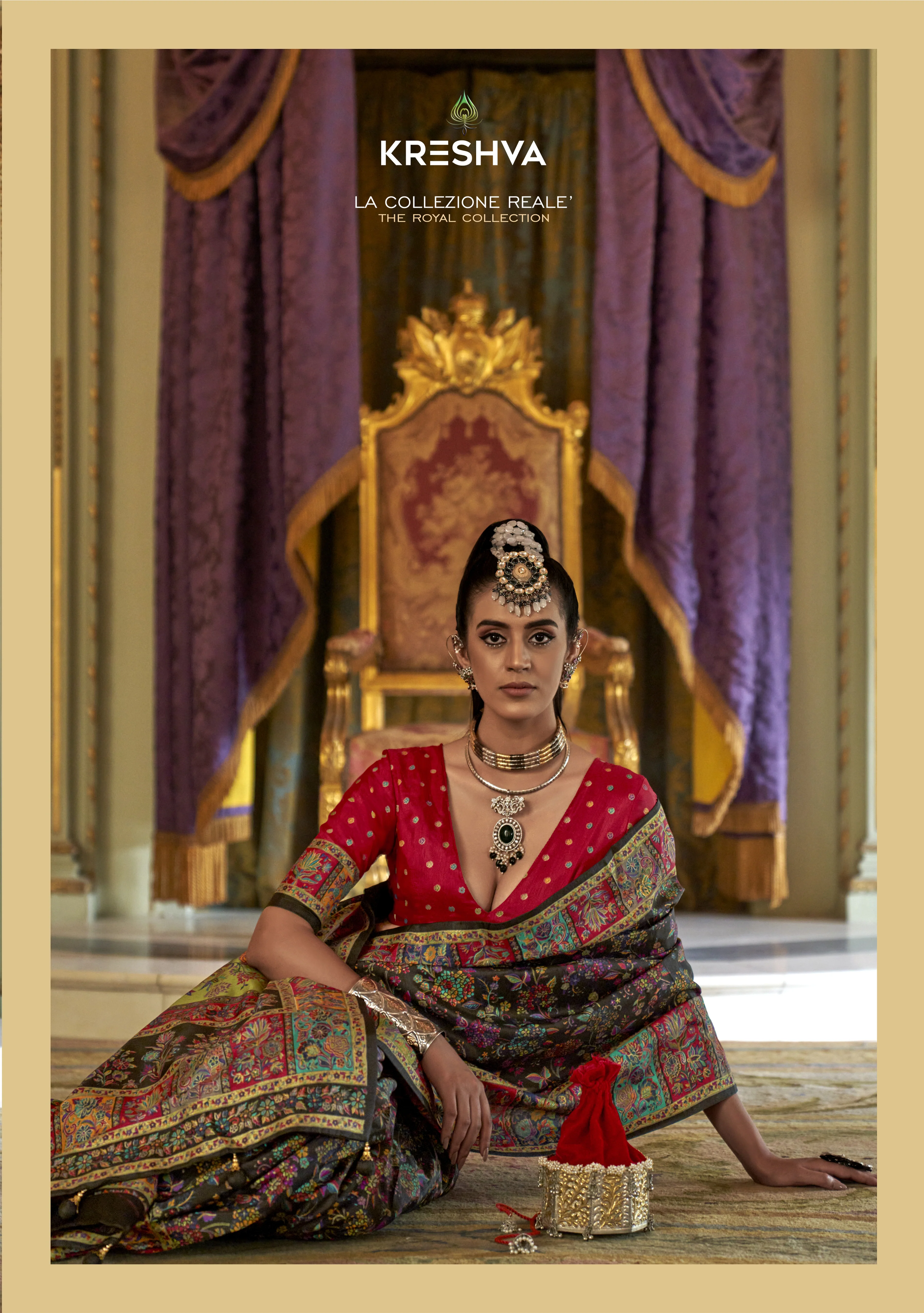 Royal Black Pashmina Inspired Heritage Print Saree with Red Blouse - Image 3