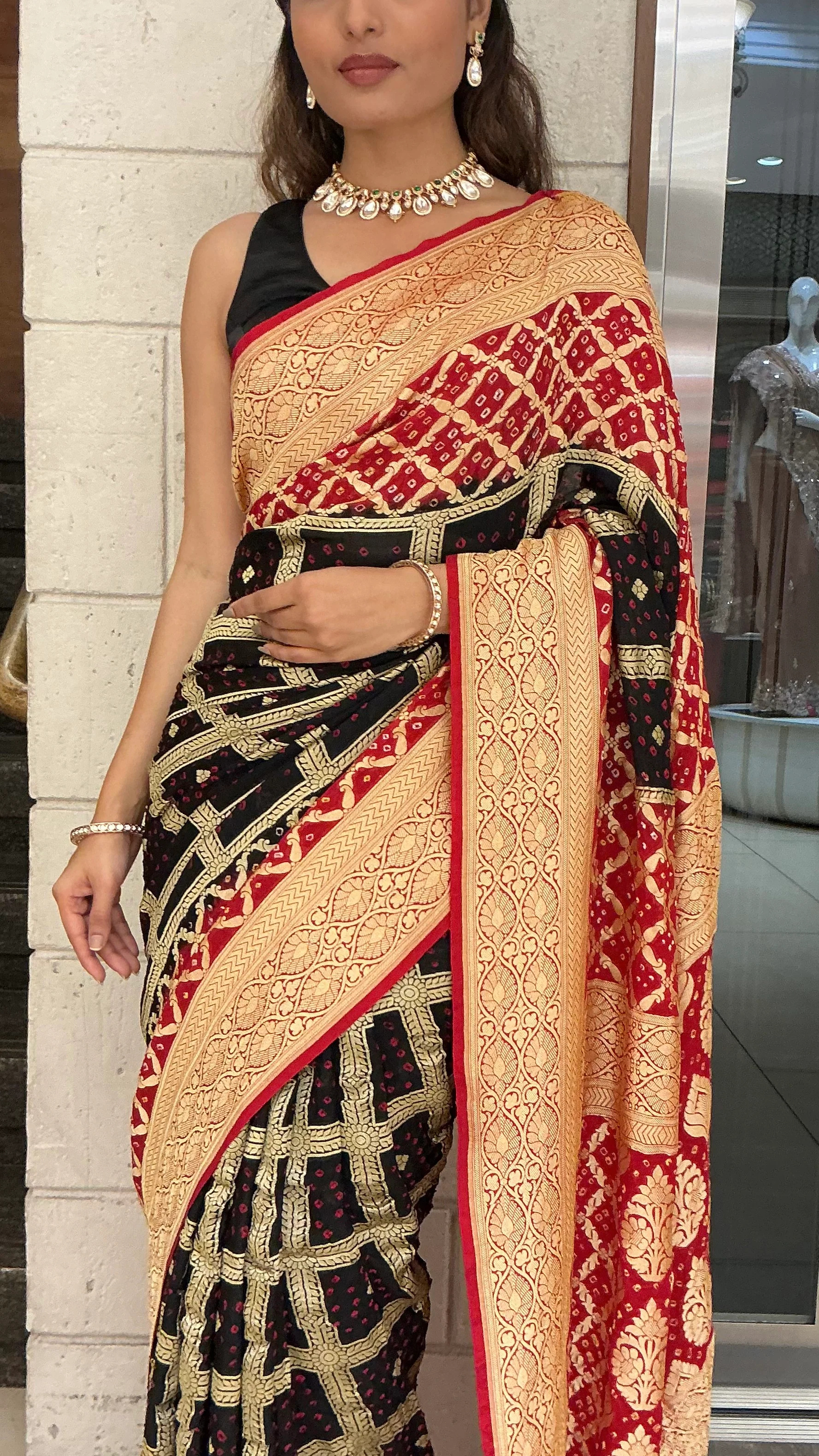 Royal Black & Rani Red Banarasi Inspired Jacquard Woven Designer Saree with Rich Gold Border - Image 2