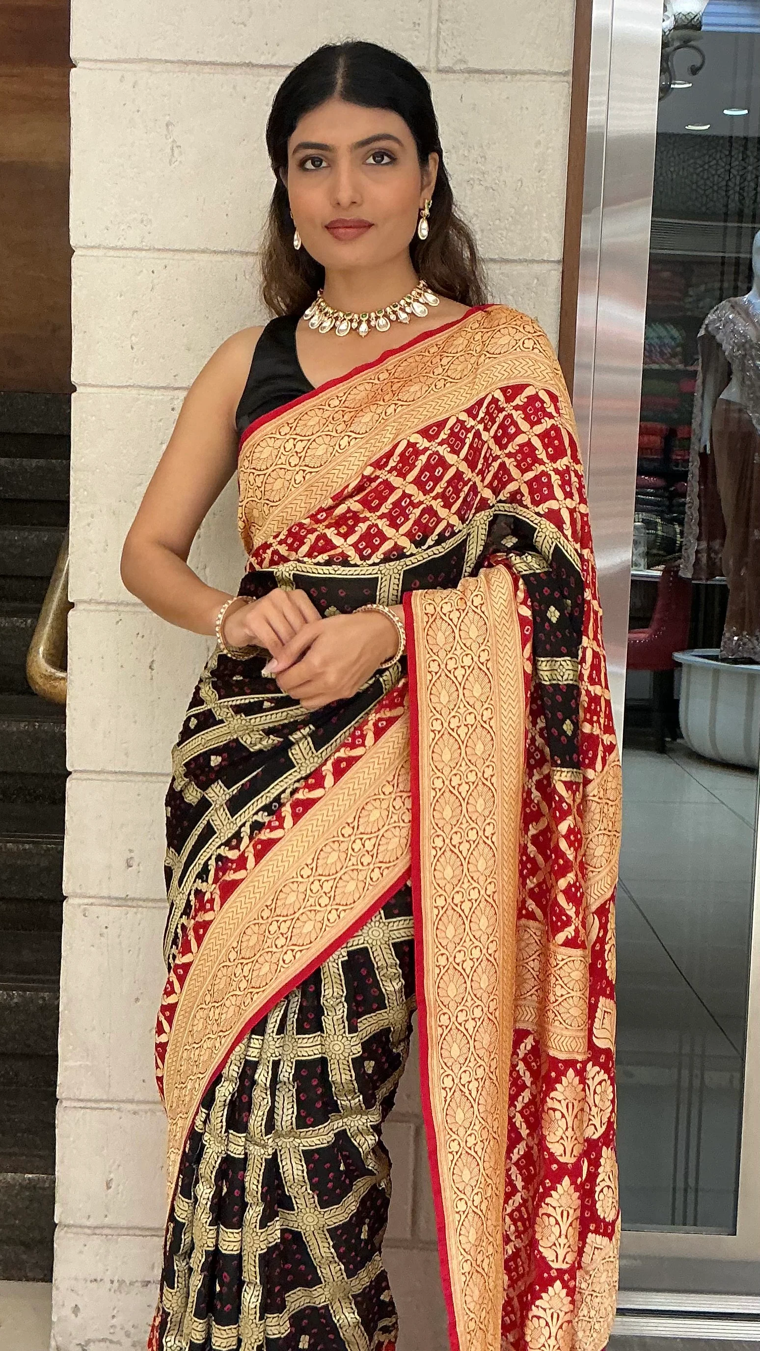Royal Black & Rani Red Banarasi Inspired Jacquard Woven Designer Saree with Rich Gold Border - Image 3