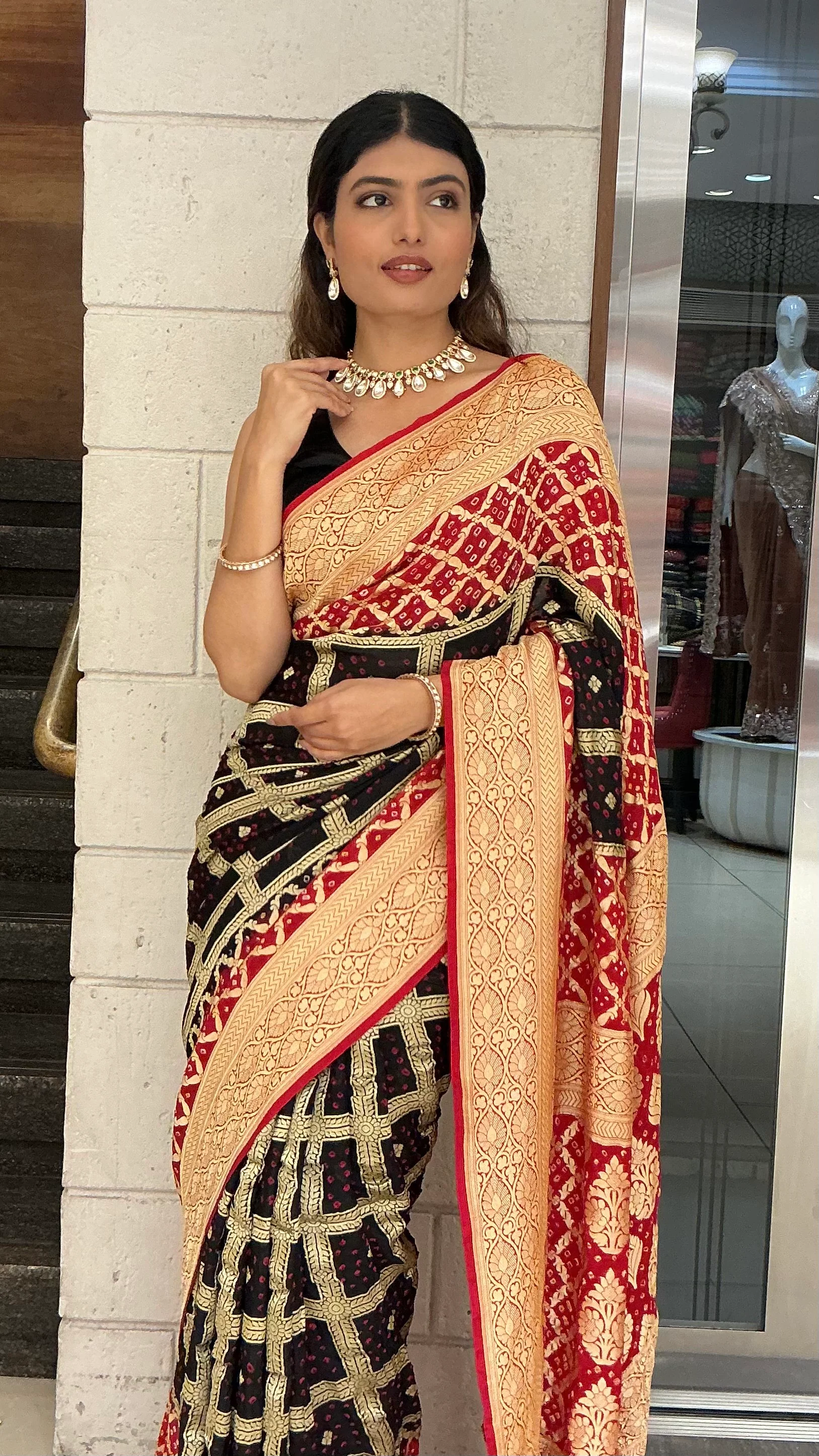 Royal Black & Rani Red Banarasi Inspired Jacquard Woven Designer Saree with Rich Gold Border - Image 4