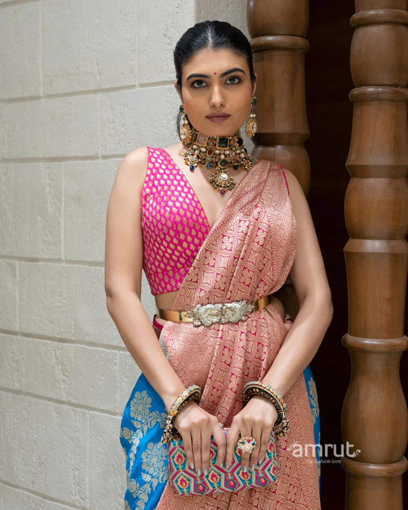 Royal Blue and Peach Pink Banarasi Silk Saree with Unstitched Blouse - Image 2