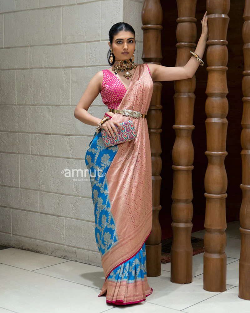 Royal Blue and Peach Pink Banarasi Silk Saree with Unstitched Blouse - Image 4