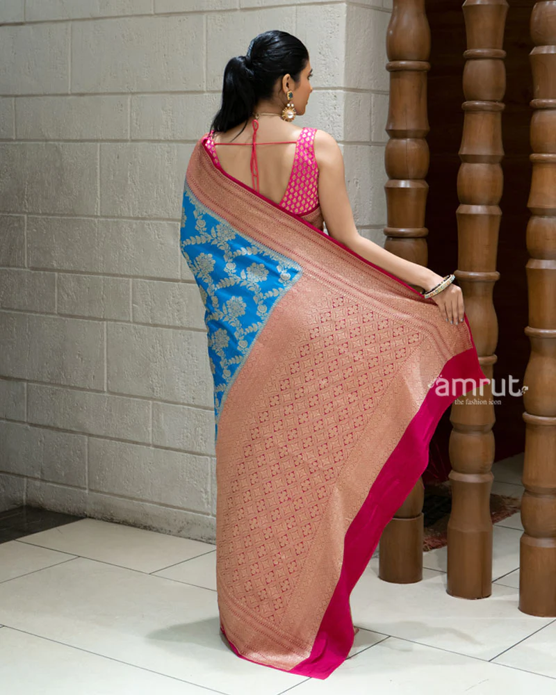 Royal Blue and Peach Pink Banarasi Silk Saree with Unstitched Blouse - Image 5