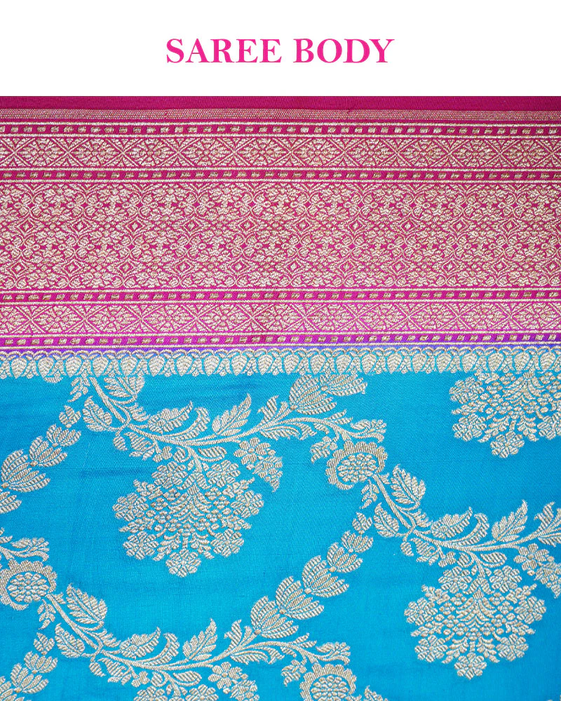 Royal Blue and Peach Pink Banarasi Silk Saree with Unstitched Blouse - Image 7