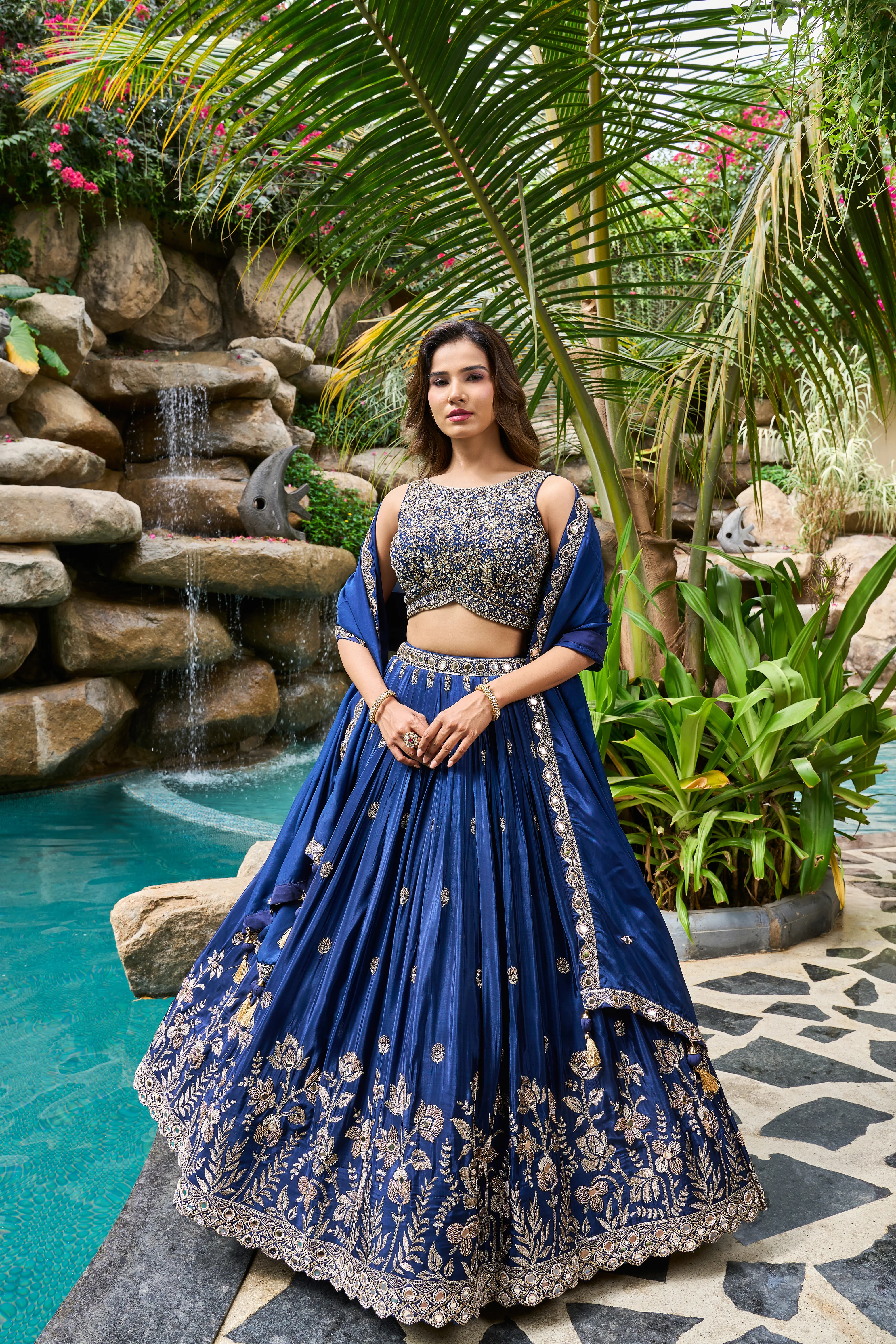 Royal Blue Designer Lehenga Set with Embroidered Blouse & Heavy Border Skirt - Image 3