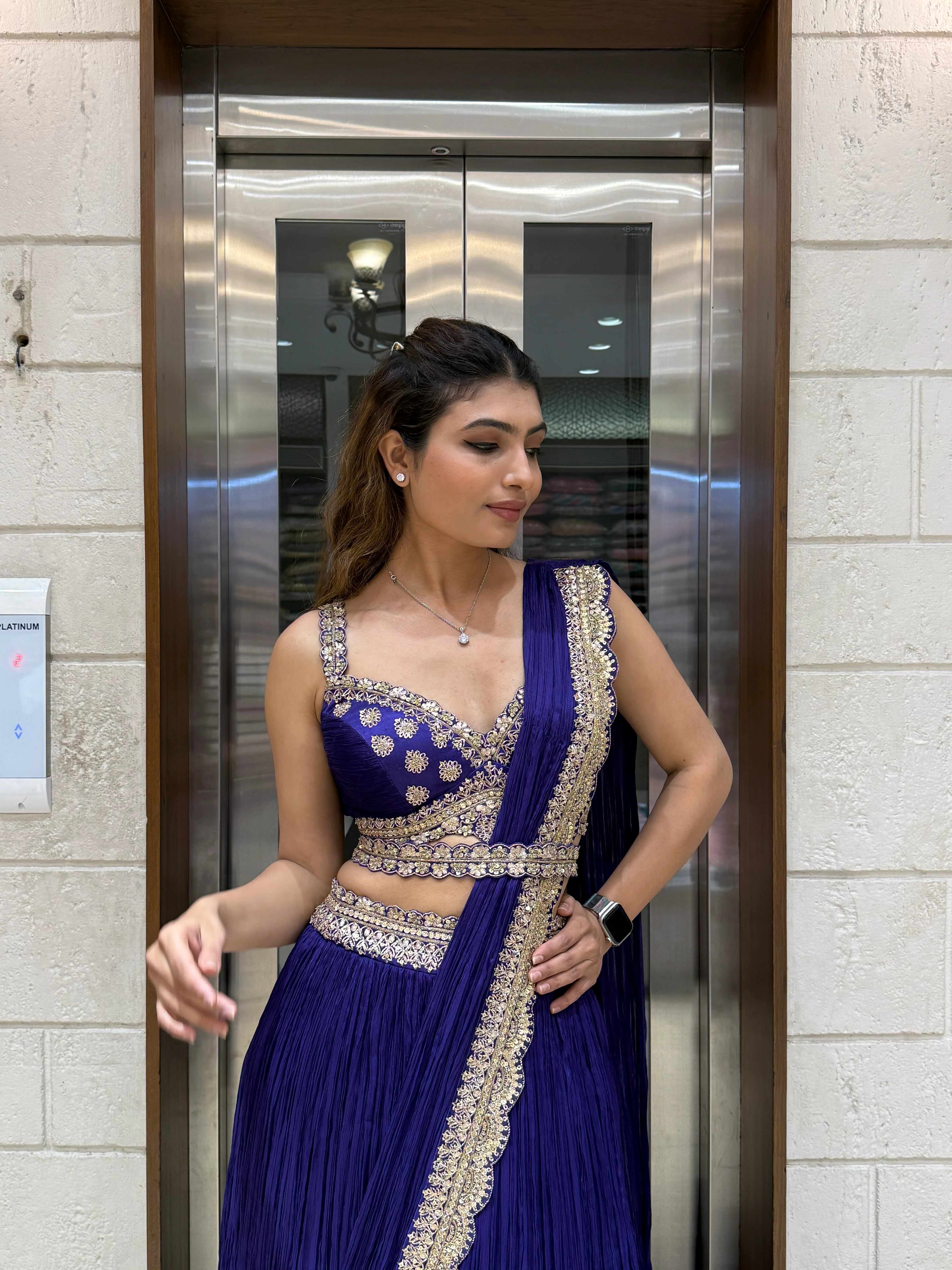Royal Blue Designer Lehenga with Embellished Blouse & Draped Dupatta - Image 2