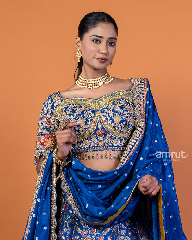 Royal Blue Embroidered Lehenga Choli with Gold Accents and Dupatta - Image 2