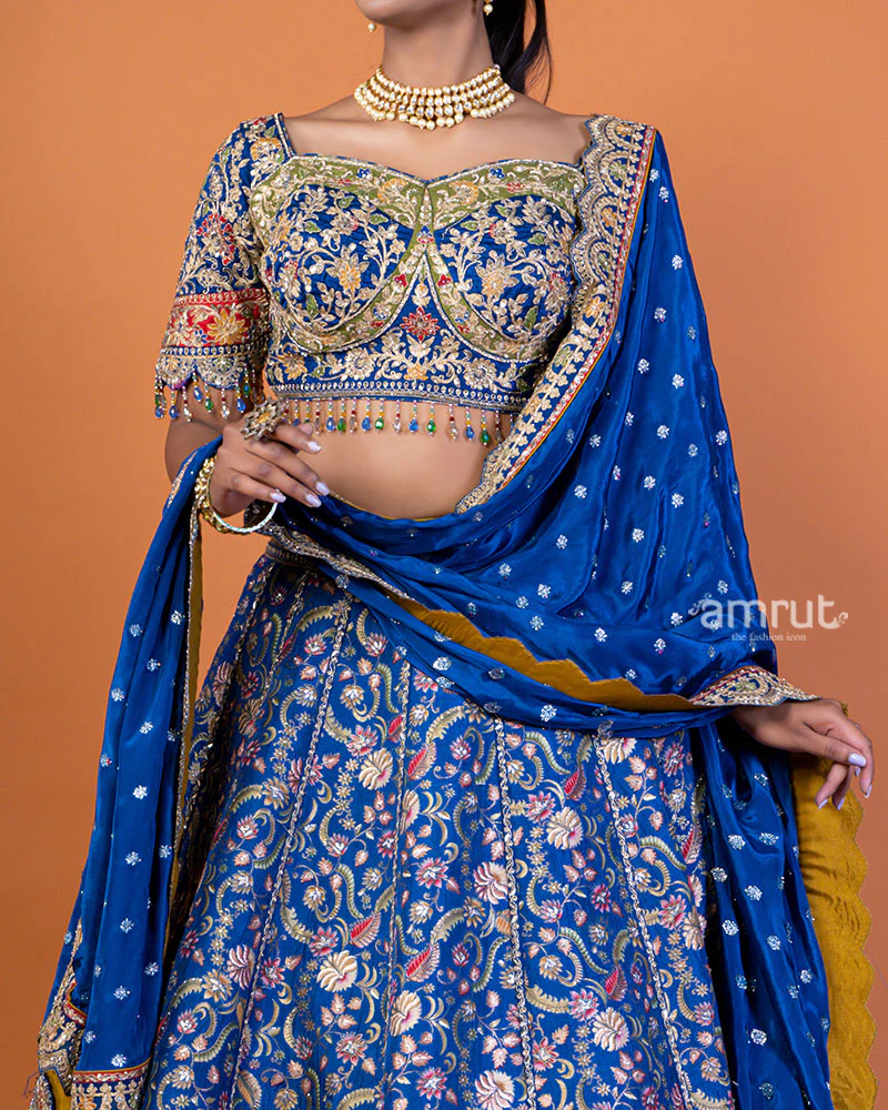 Royal Blue Embroidered Lehenga Choli with Gold Accents and Dupatta - Image 3