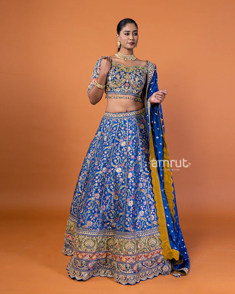 Royal Blue Embroidered Lehenga Choli with Gold Accents and Dupatta - Image 4