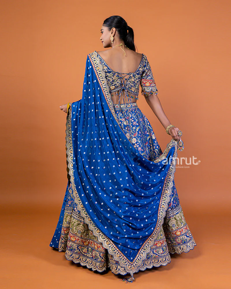 Royal Blue Embroidered Lehenga Choli with Gold Accents and Dupatta - Image 5