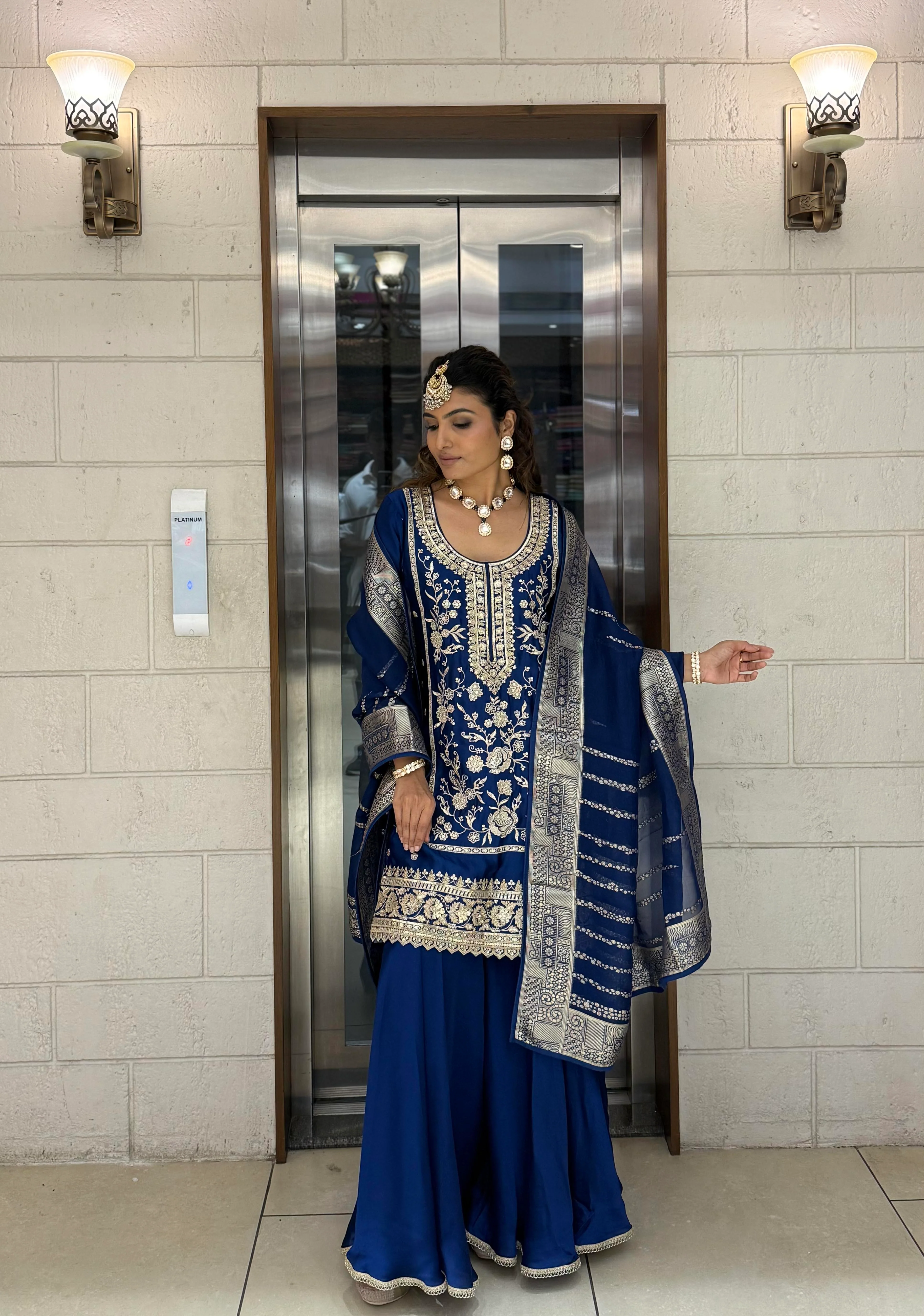 Royal Blue Embroidered Sharara Set with Organza Dupatta – Regal Festive Ensemble - Image 3