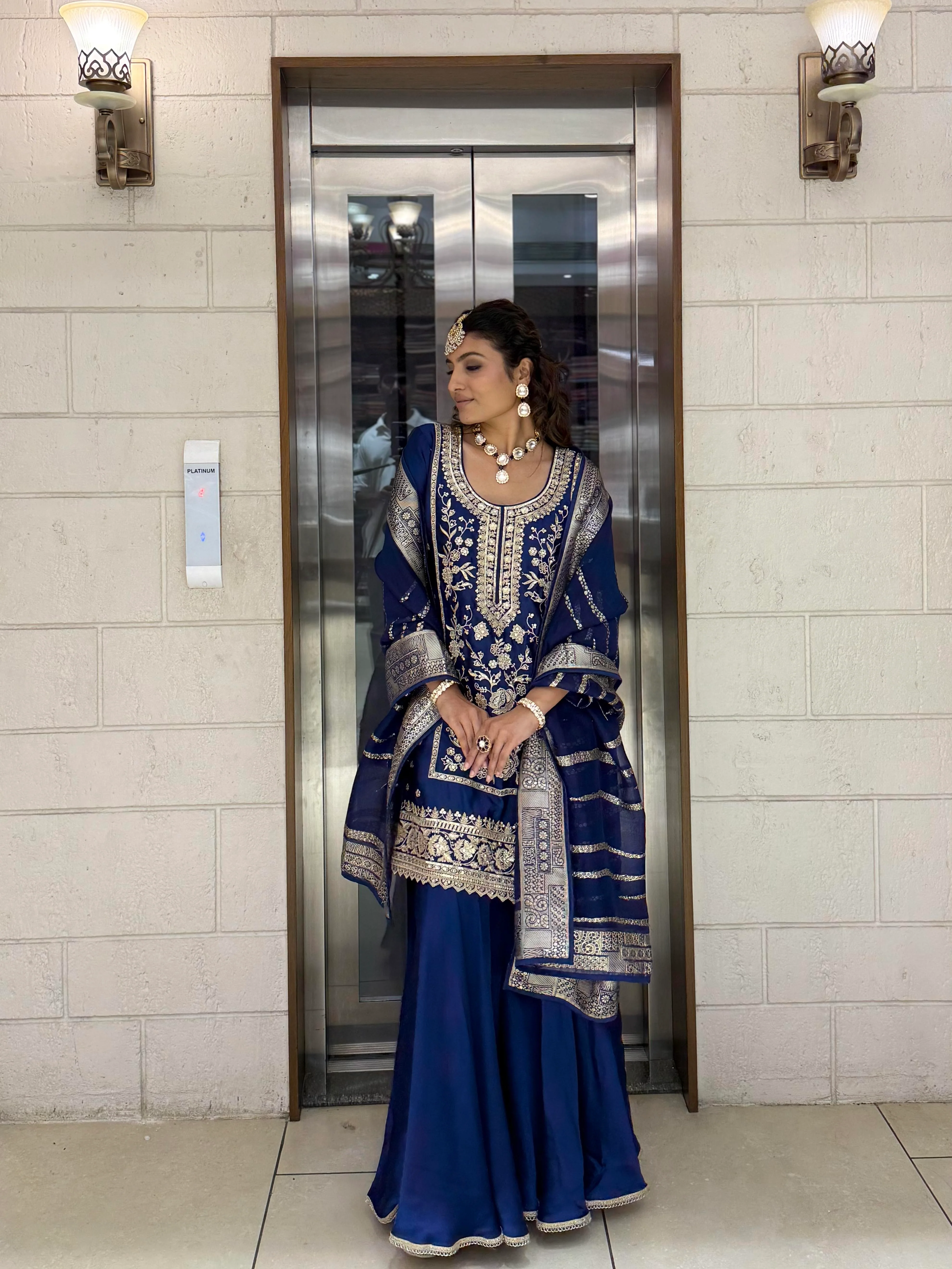 Royal Blue Embroidered Sharara Set with Organza Dupatta – Regal Festive Ensemble - Image 4