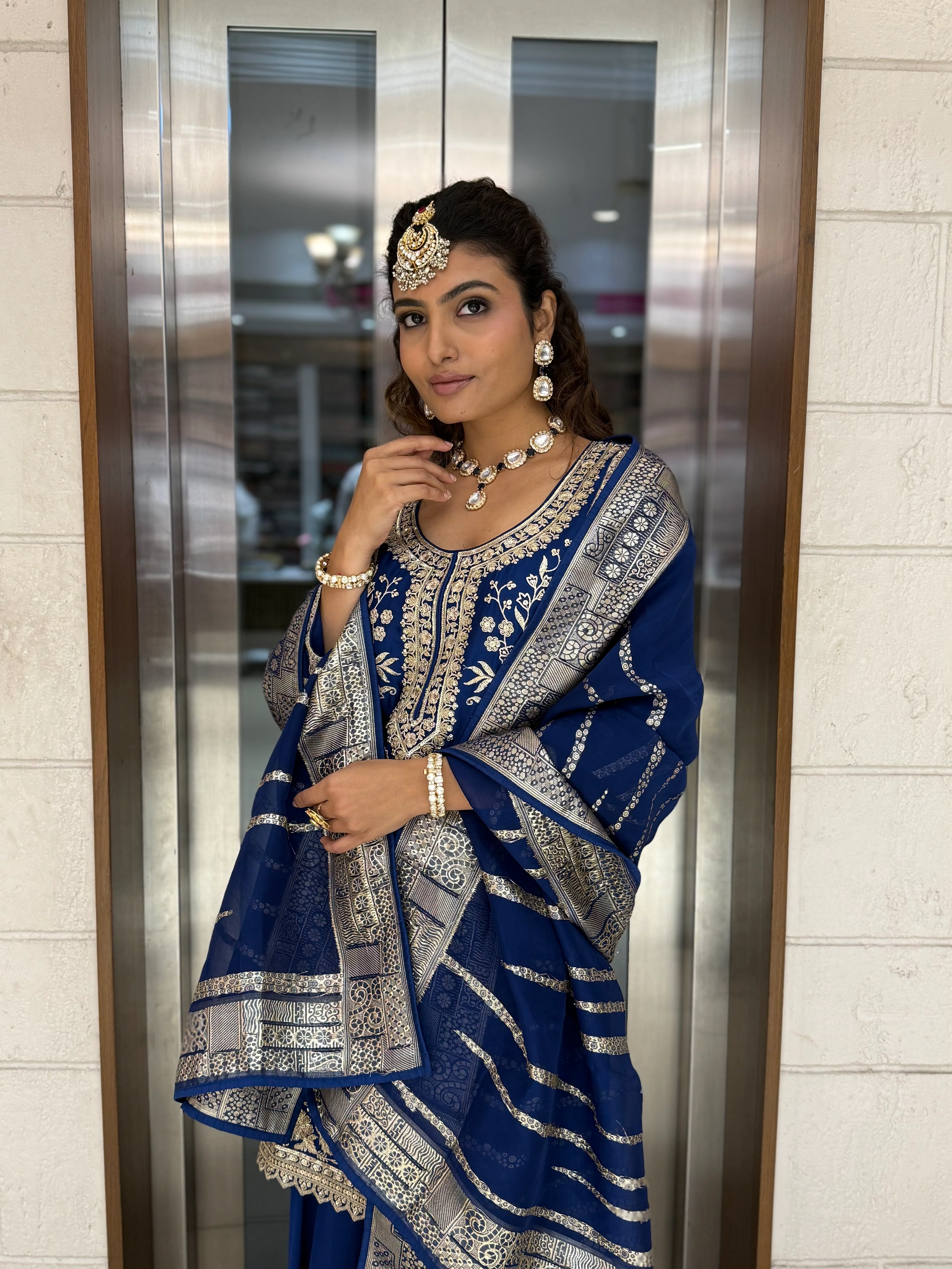 Royal Blue Embroidered Sharara Set with Organza Dupatta – Regal Festive Ensemble - Image 5