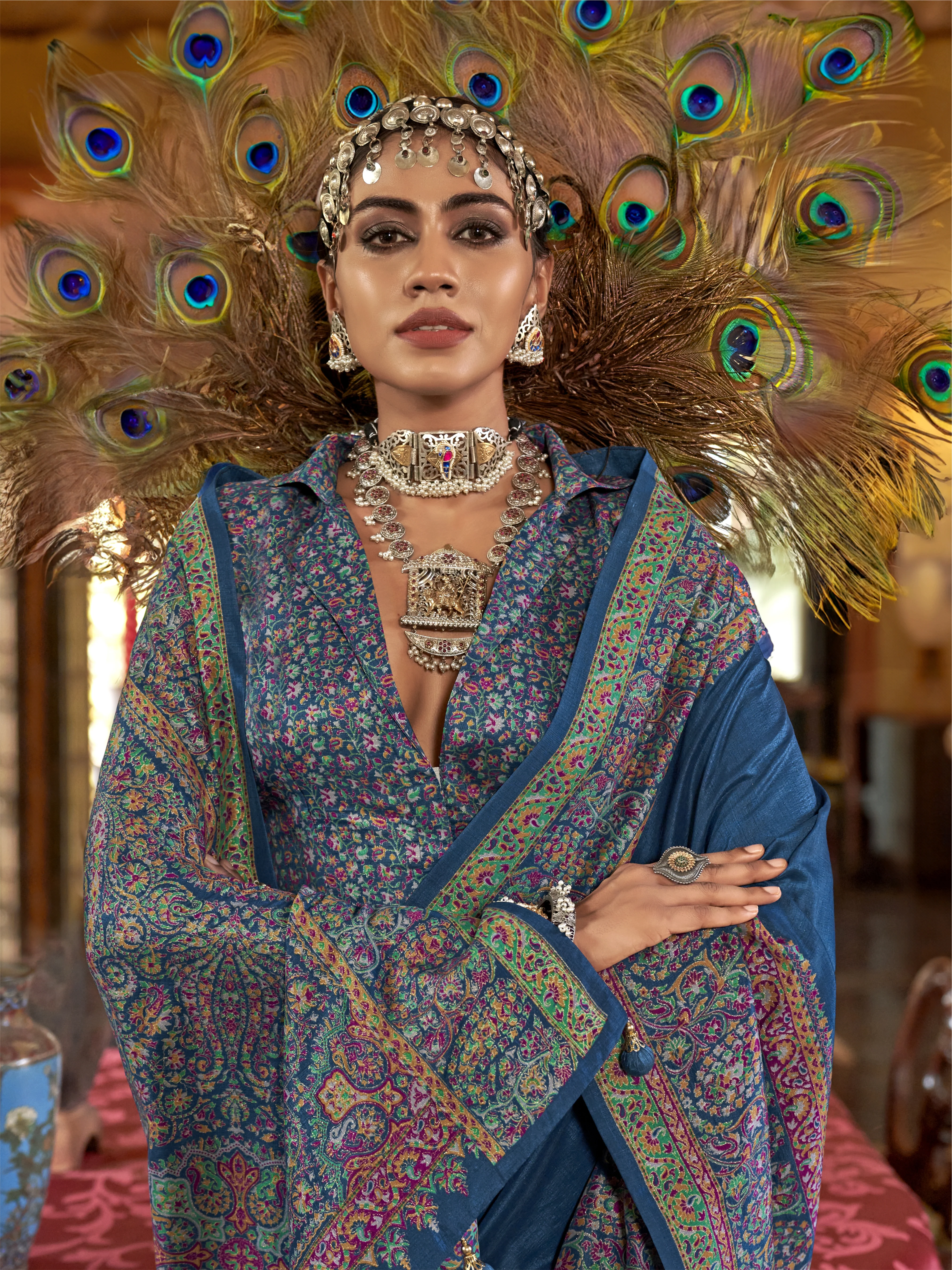 Royal Blue Heritage Pashmina Inspired Designer Saree with Intricate Traditional Border - Image 2