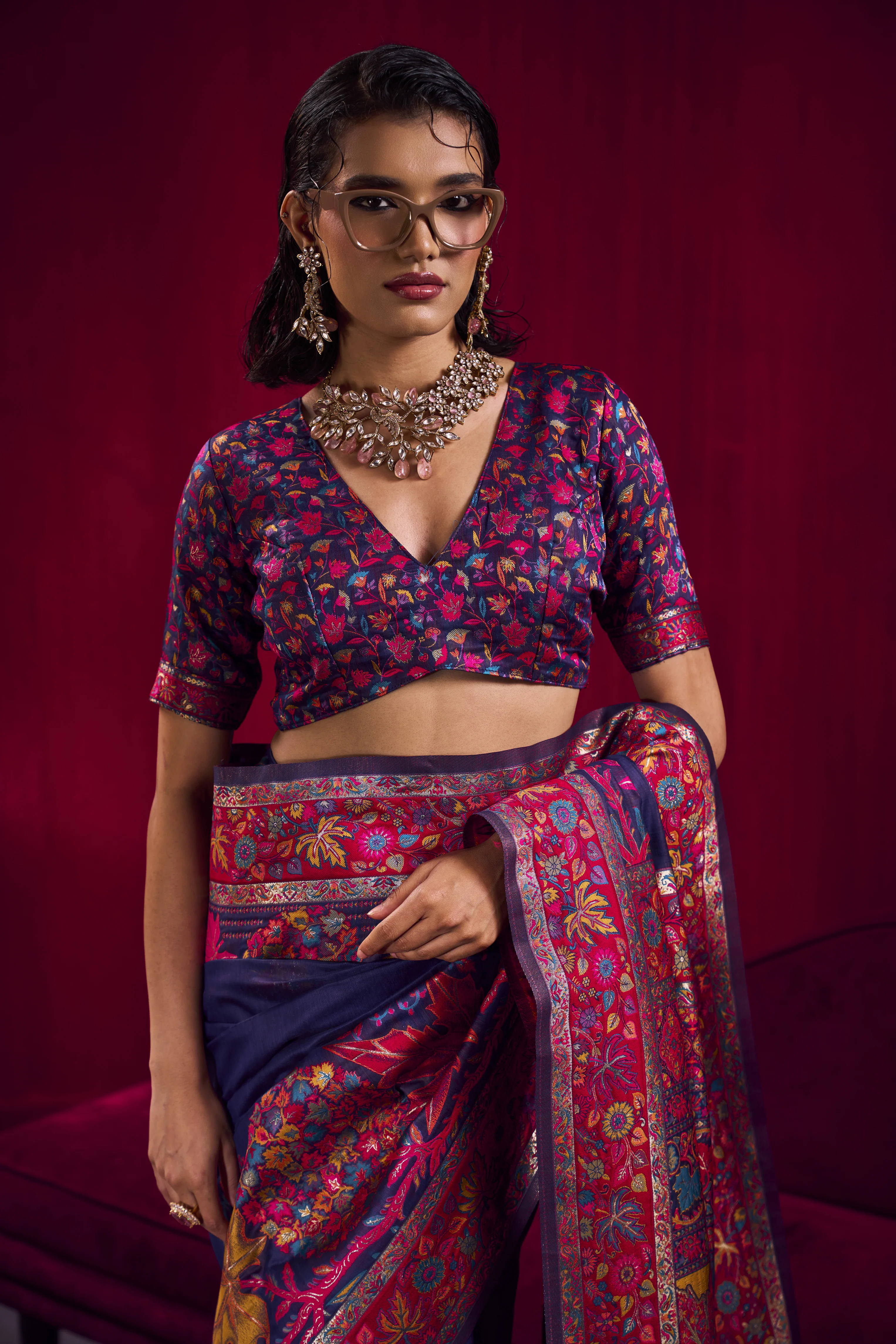 Royal Blue Kashmiri Modal Pashmina Saree with Multicolor Floral Weaving - Image 2