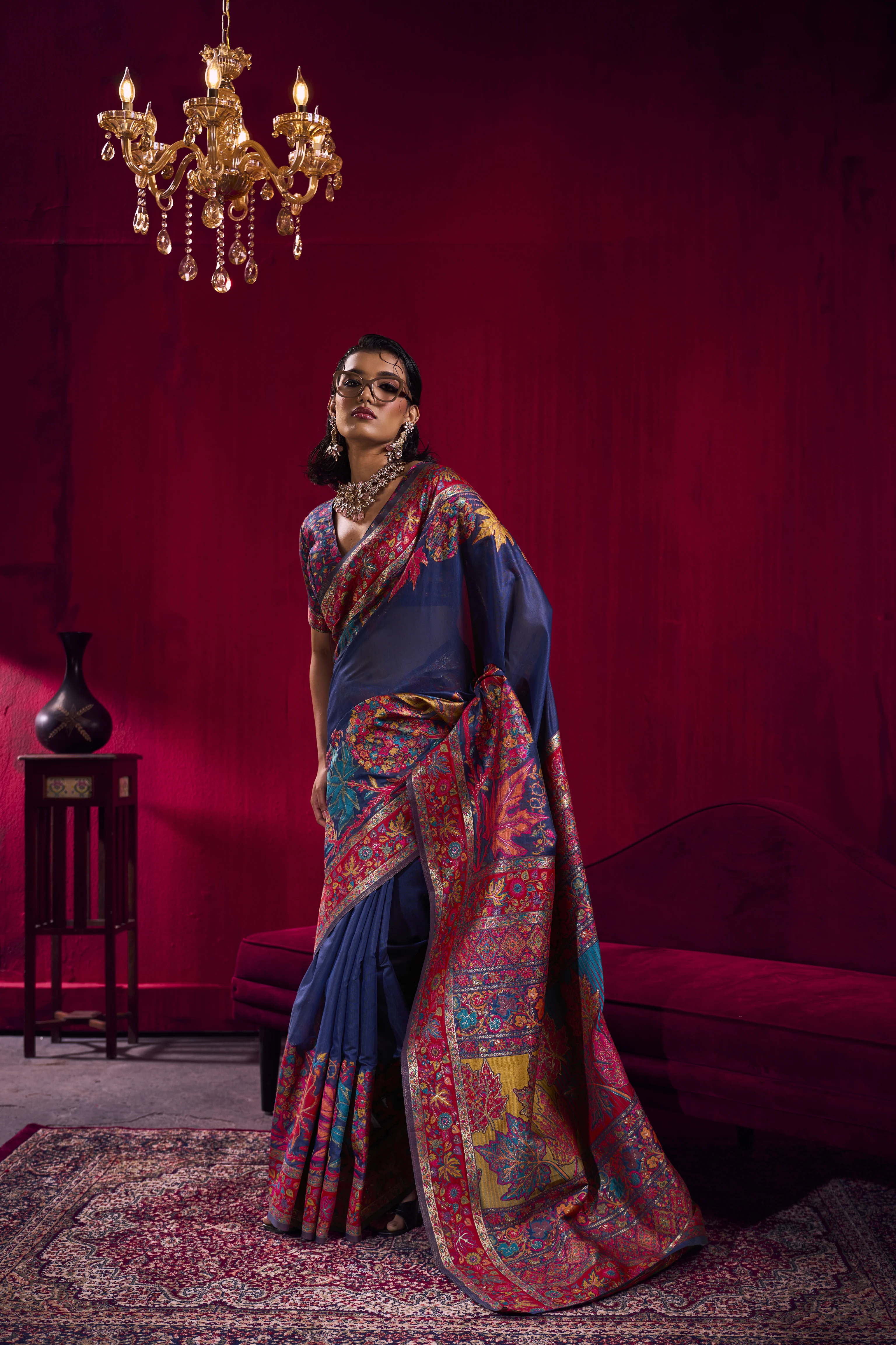 Royal Blue Kashmiri Modal Pashmina Saree with Multicolor Floral Weaving - Image 3