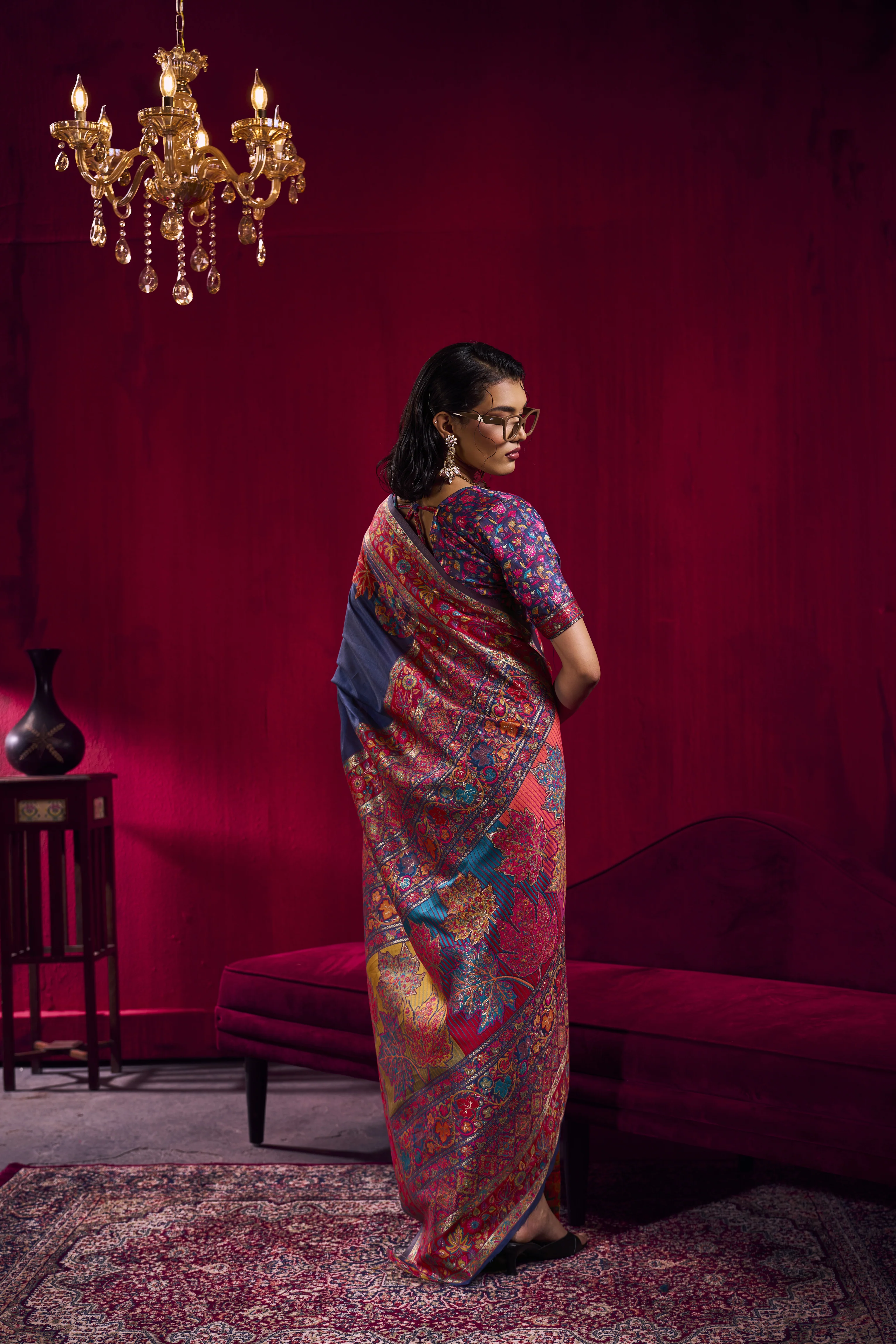 Royal Blue Kashmiri Modal Pashmina Saree with Multicolor Floral Weaving - Image 5