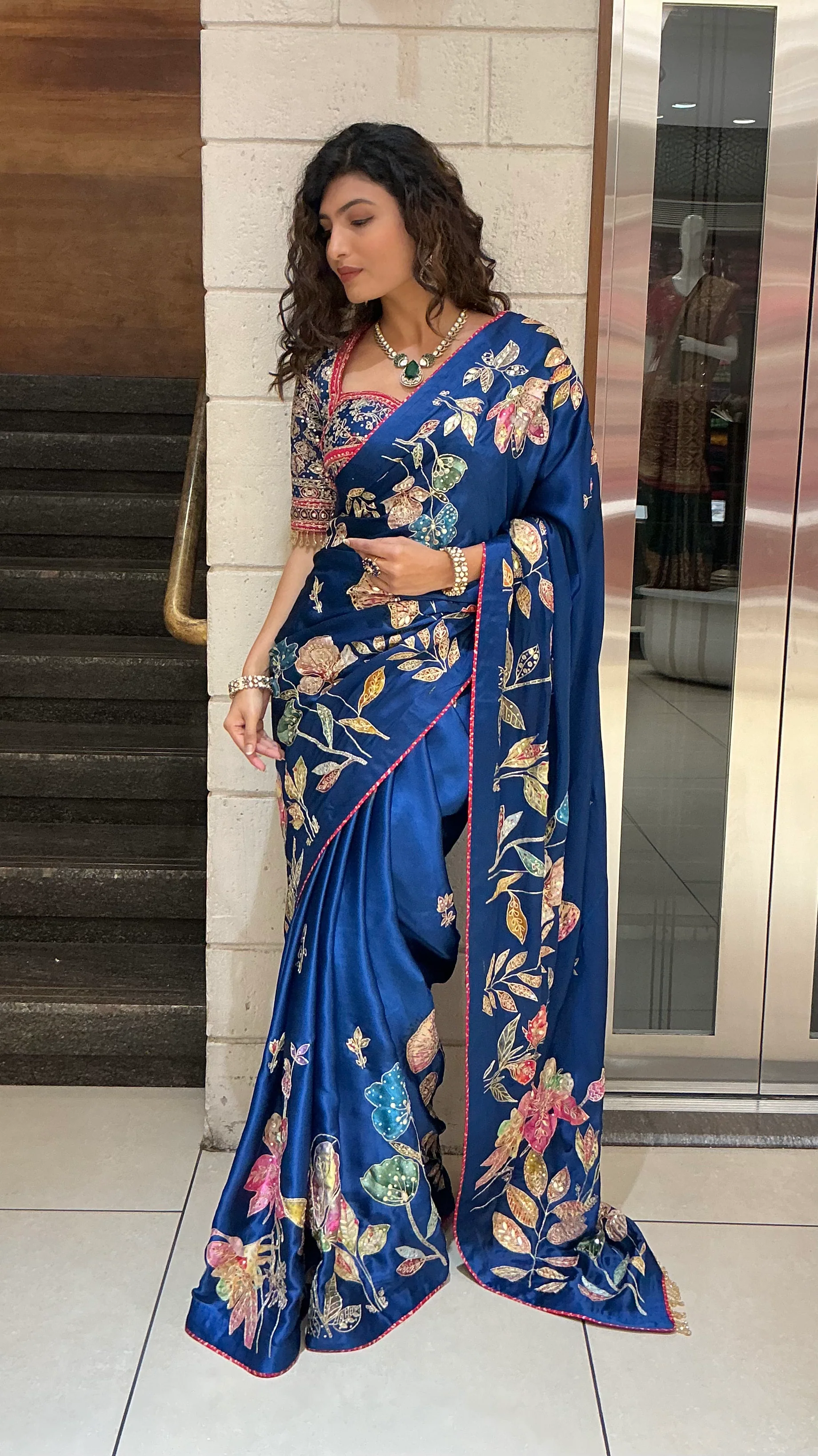 Royal Blue Multicolor Floral Embroidered Designer Saree - Image 3