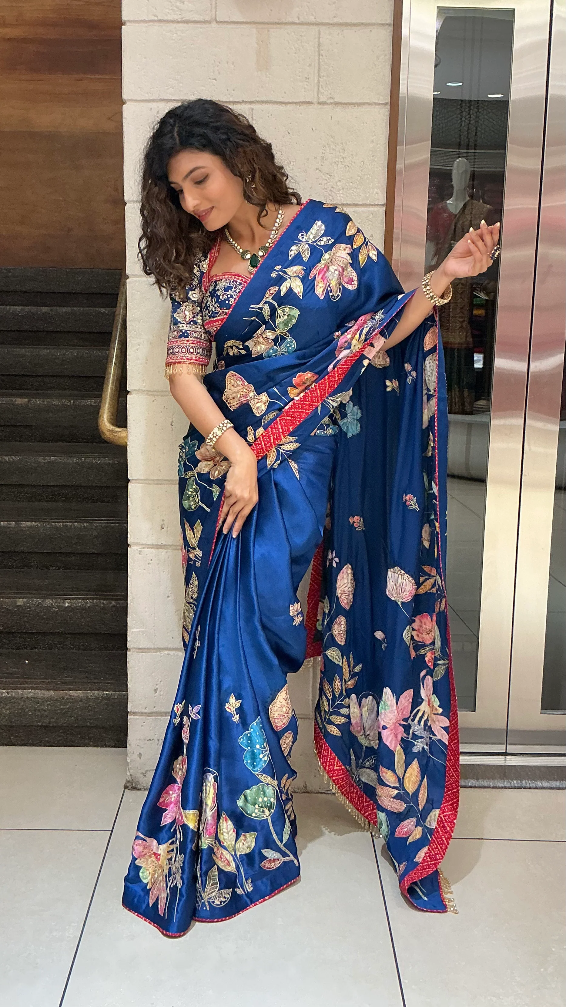 Royal Blue Multicolor Floral Embroidered Designer Saree - Image 4