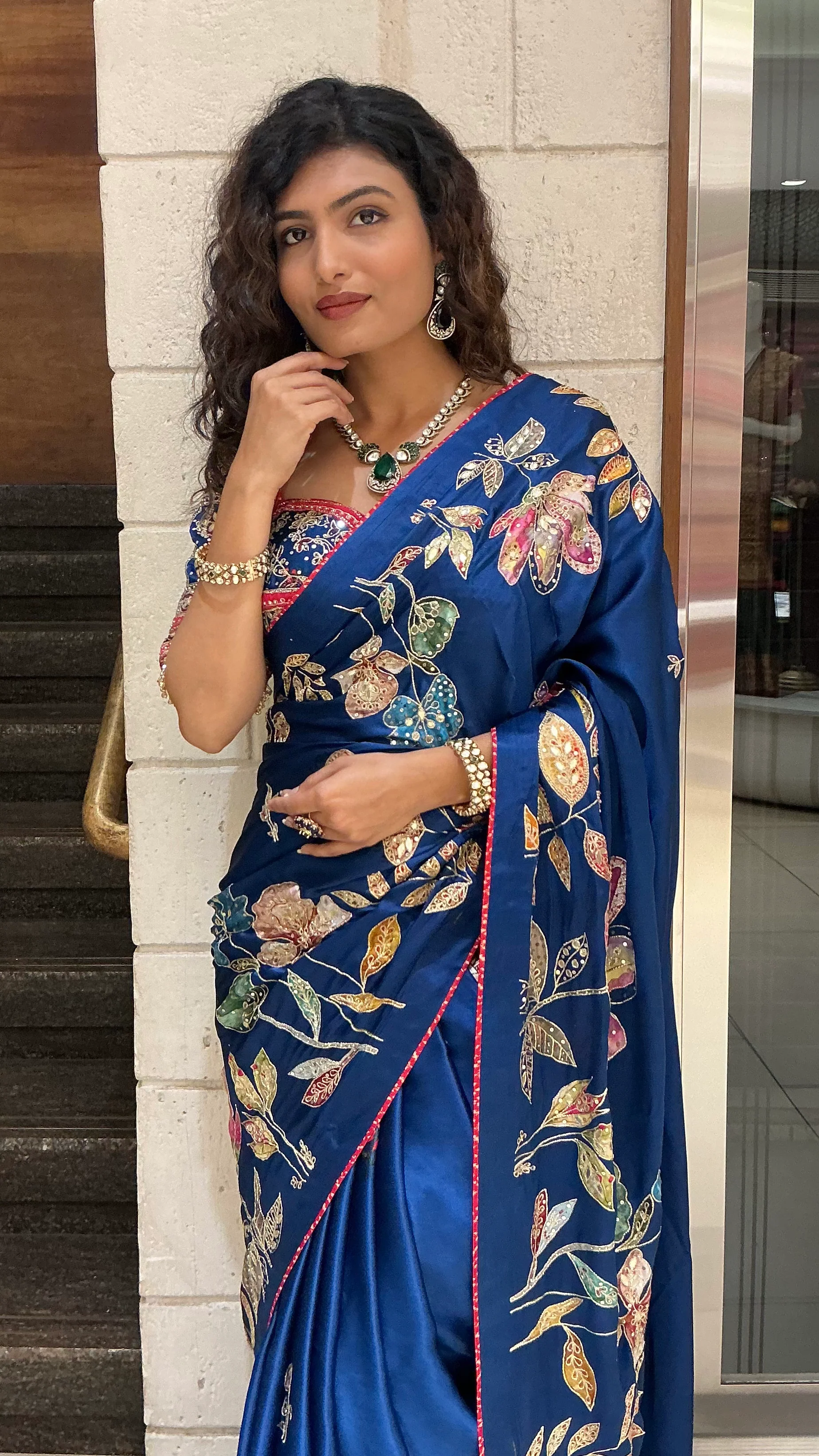 Royal Blue Multicolor Floral Embroidered Designer Saree - Image 5