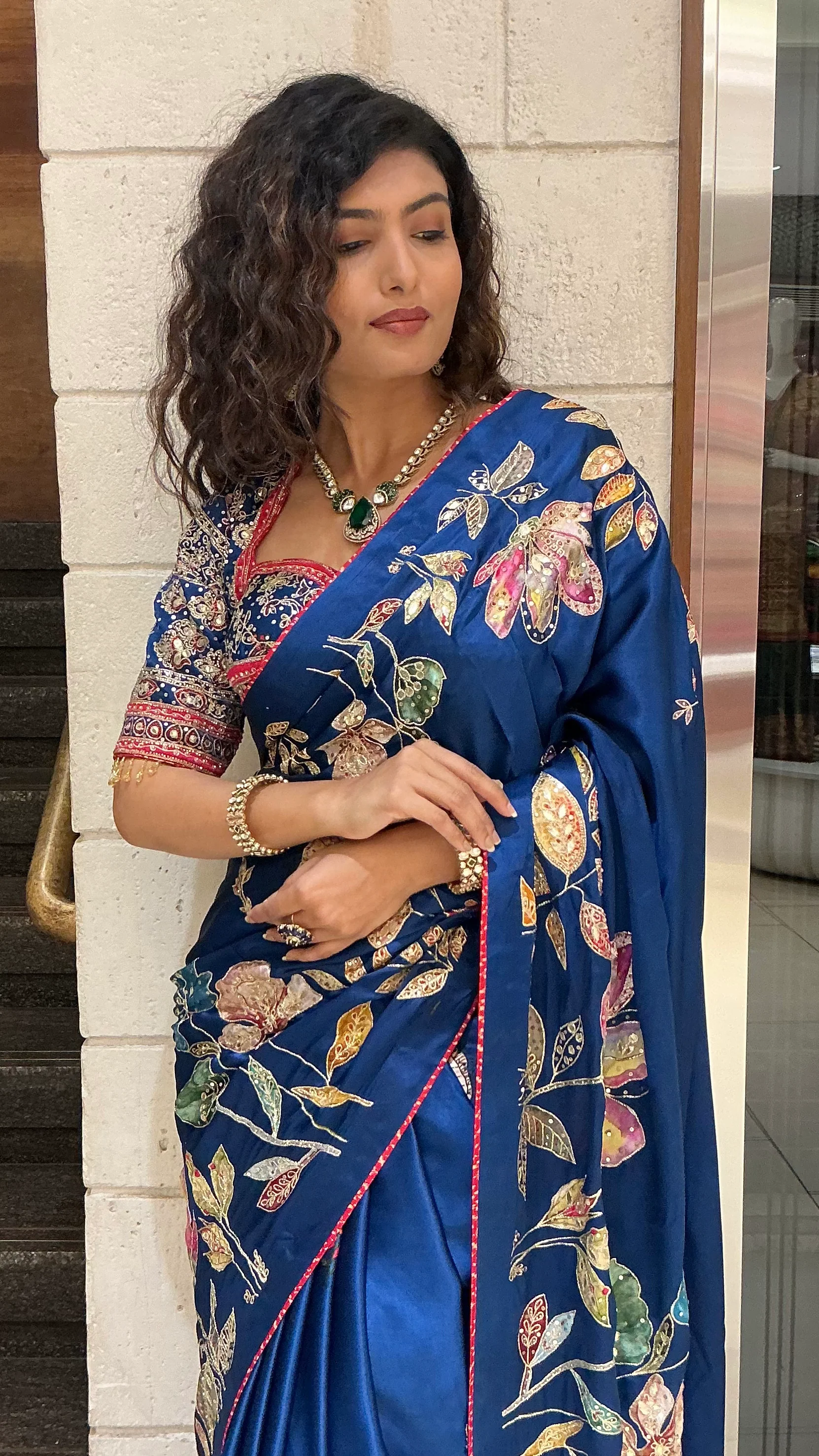 Royal Blue Multicolor Floral Embroidered Designer Saree - Image 6