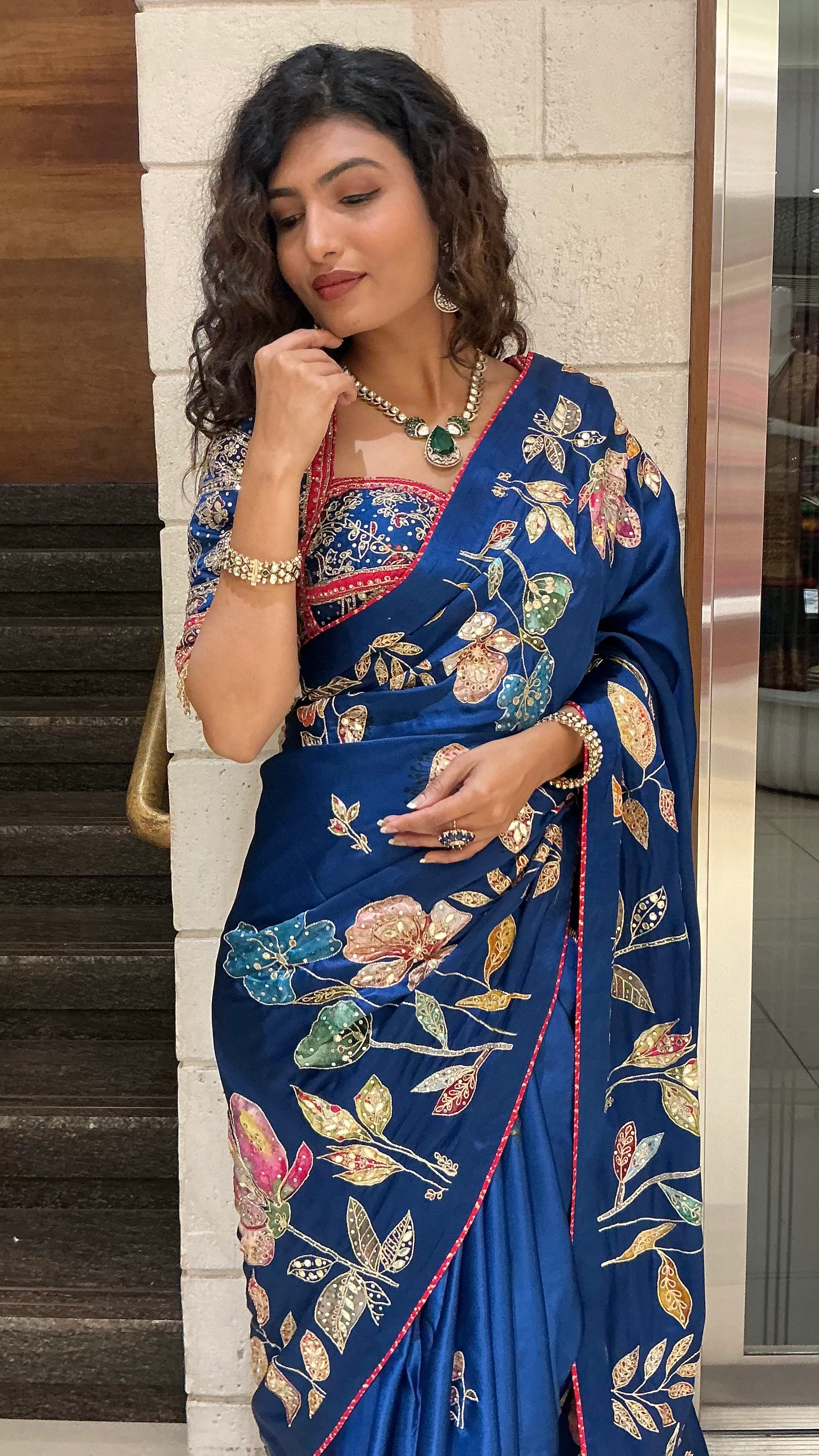 Royal Blue Multicolor Floral Embroidered Designer Saree - Image 7