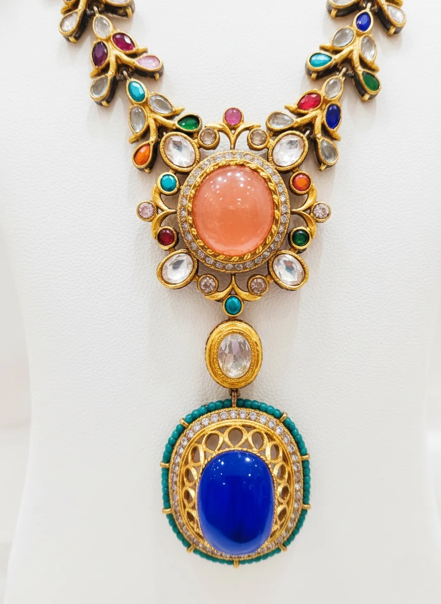 Royal Blue & Multicolor Kundan Necklace Set with Polki and Meenakari Detailing - Image 3