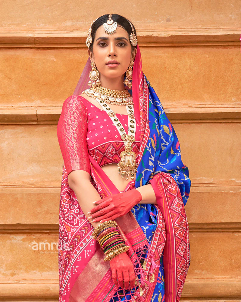 Royal Blue Patola Printed Saree with Pink Zari Border and Unstitched Blouse - Image 2