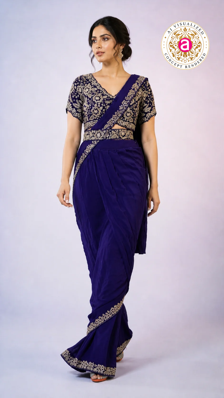 Royal Blue Ready-to-Wear Saree with Heavy Embroidered Blouse & Ethnic Border - Image 2
