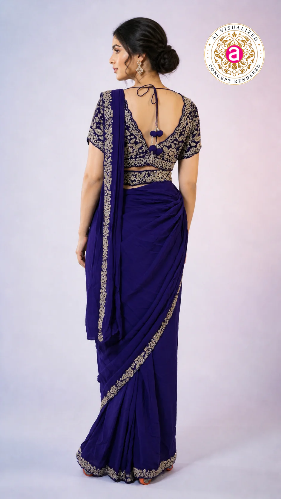 Royal Blue Ready-to-Wear Saree with Heavy Embroidered Blouse & Ethnic Border - Image 3