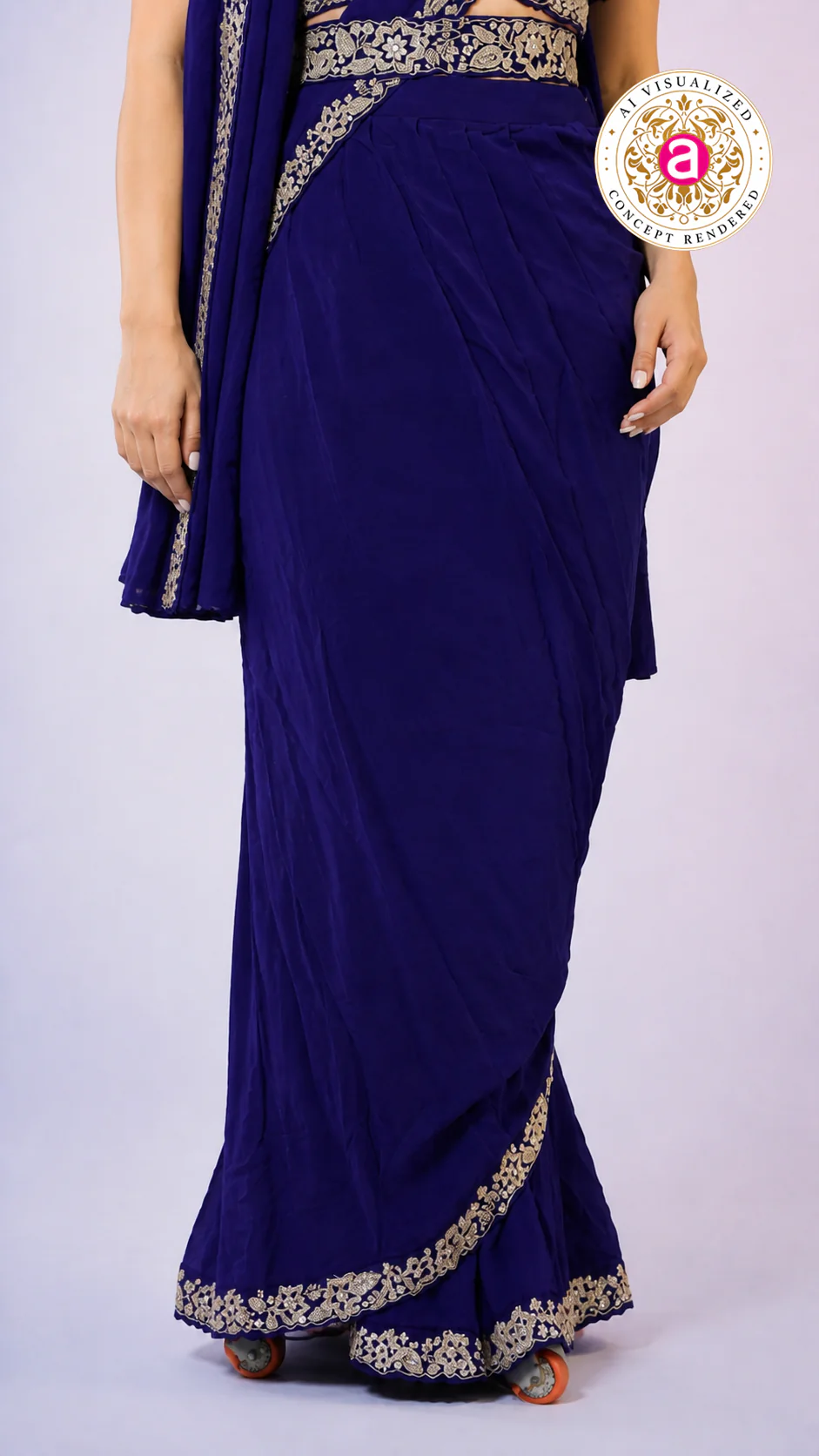 Royal Blue Ready-to-Wear Saree with Heavy Embroidered Blouse & Ethnic Border - Image 4