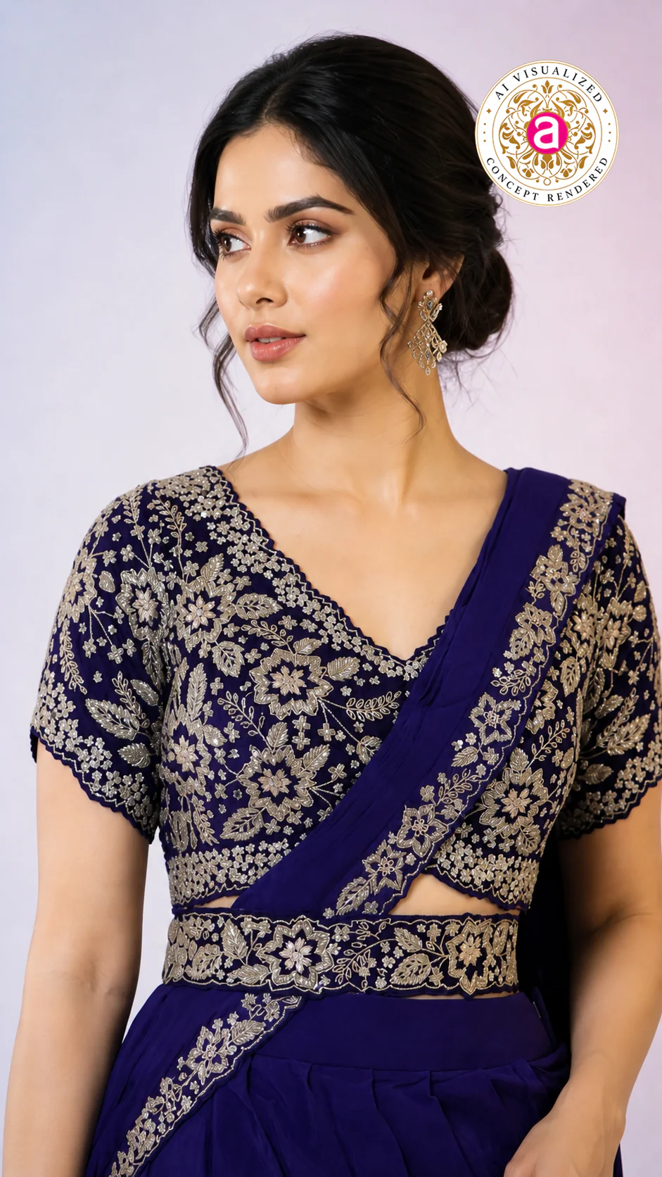 Royal Blue Ready-to-Wear Saree with Heavy Embroidered Blouse & Ethnic Border - Image 5