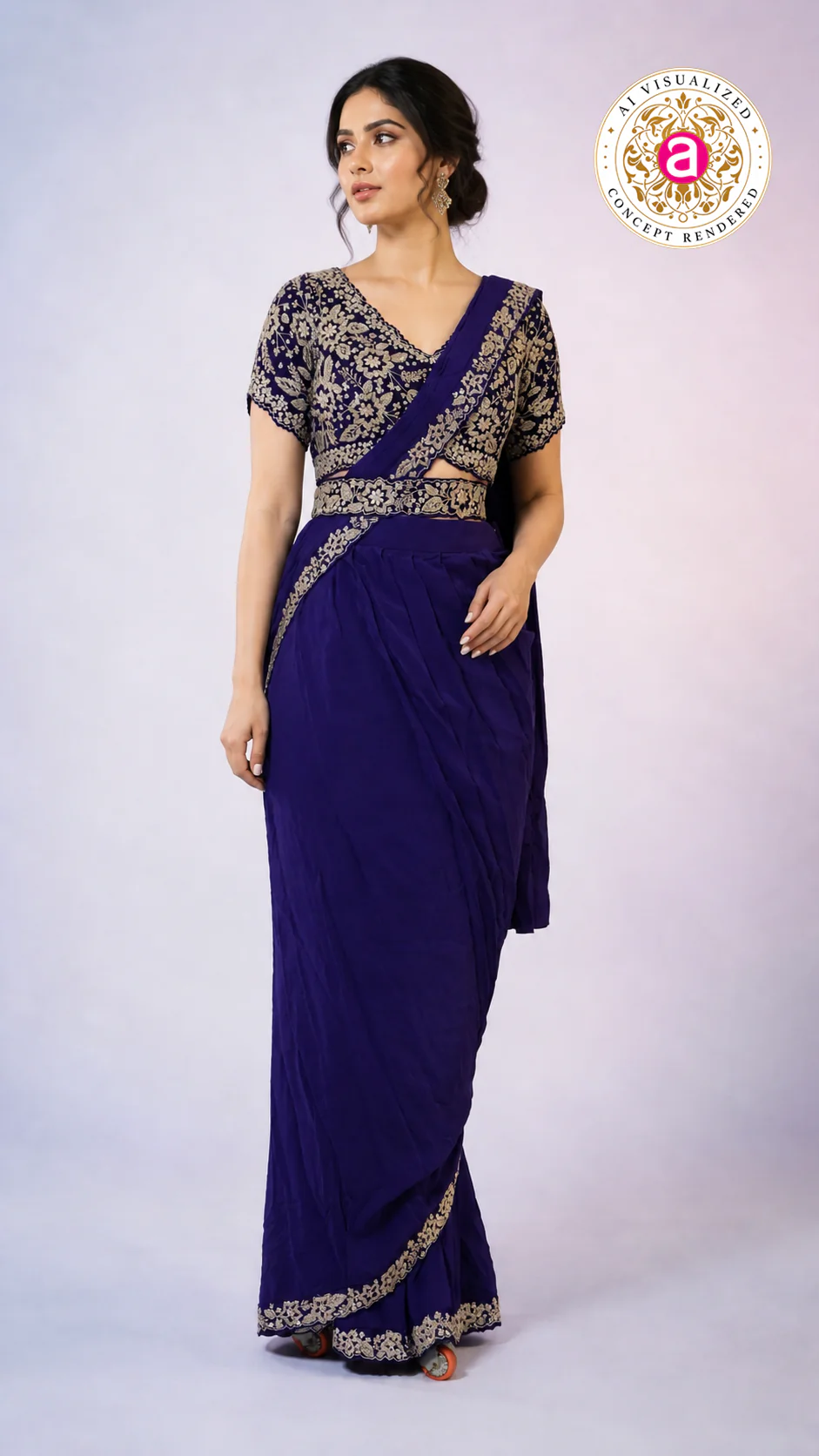 Royal Blue Ready-to-Wear Saree with Heavy Embroidered Blouse & Ethnic Border - Image 6