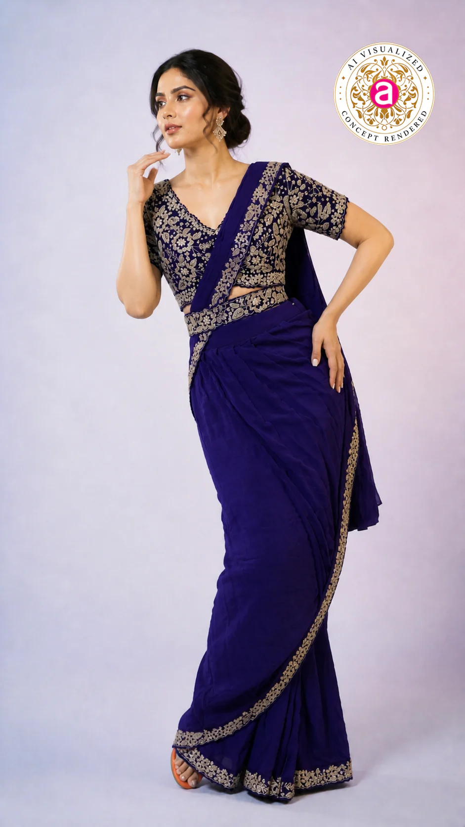 Royal Blue Ready-to-Wear Saree with Heavy Embroidered Blouse & Ethnic Border - Image 7