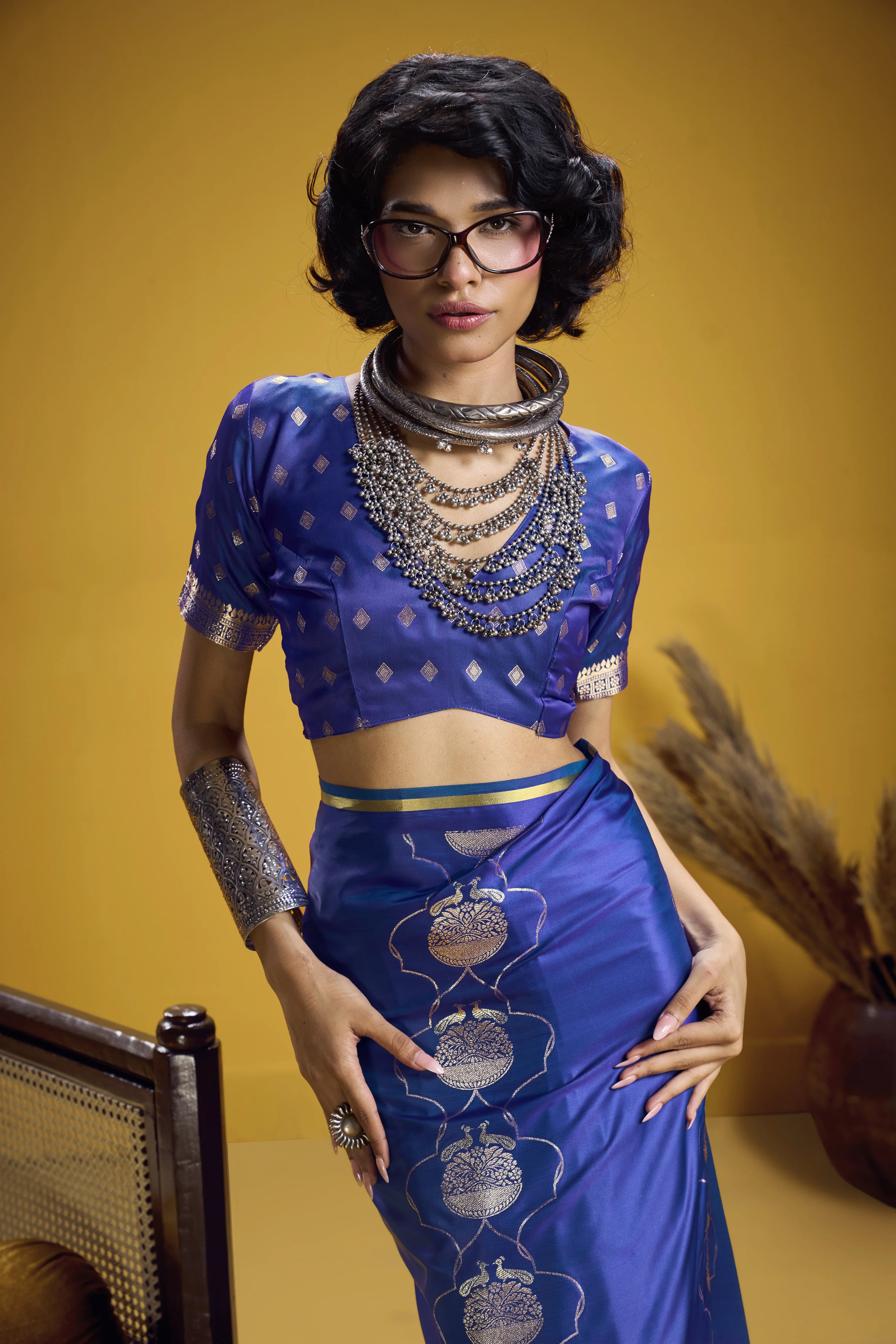 Royal Blue Satin Handloom Saree with Gold Woven Motifs & Rich Pallu - Image 2