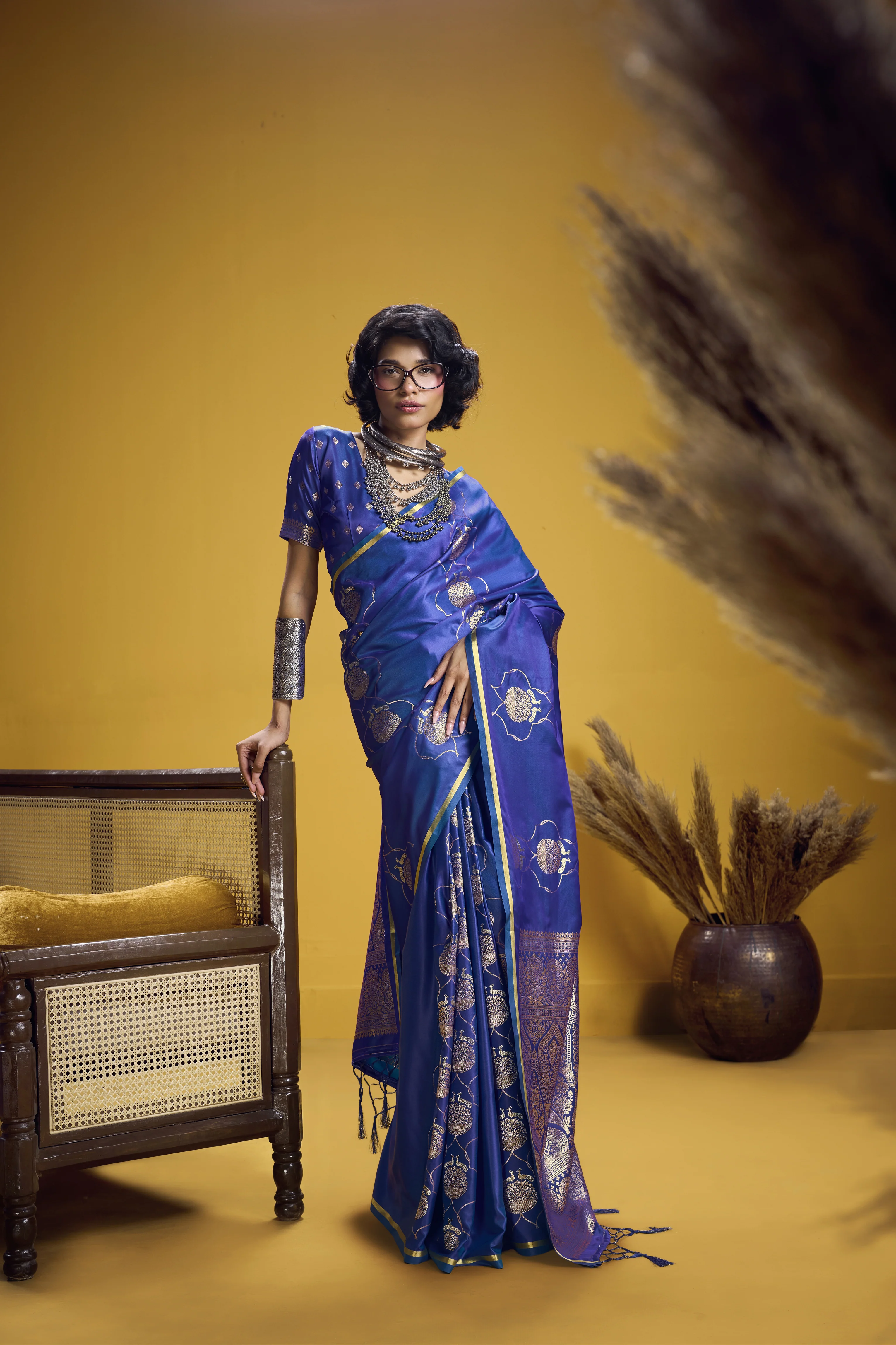 Royal Blue Satin Handloom Saree with Gold Woven Motifs & Rich Pallu - Image 3