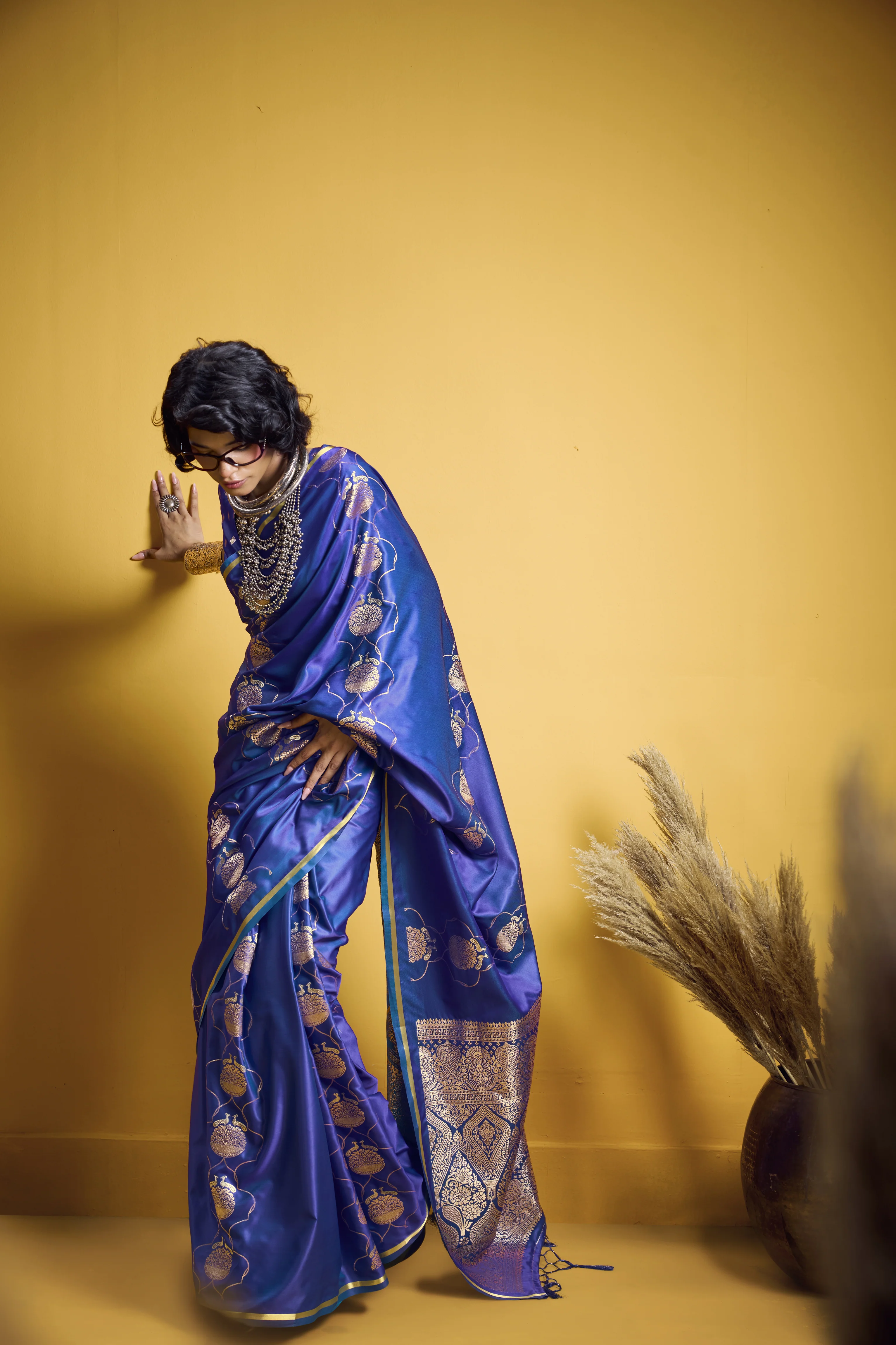 Royal Blue Satin Handloom Saree with Gold Woven Motifs & Rich Pallu - Image 4
