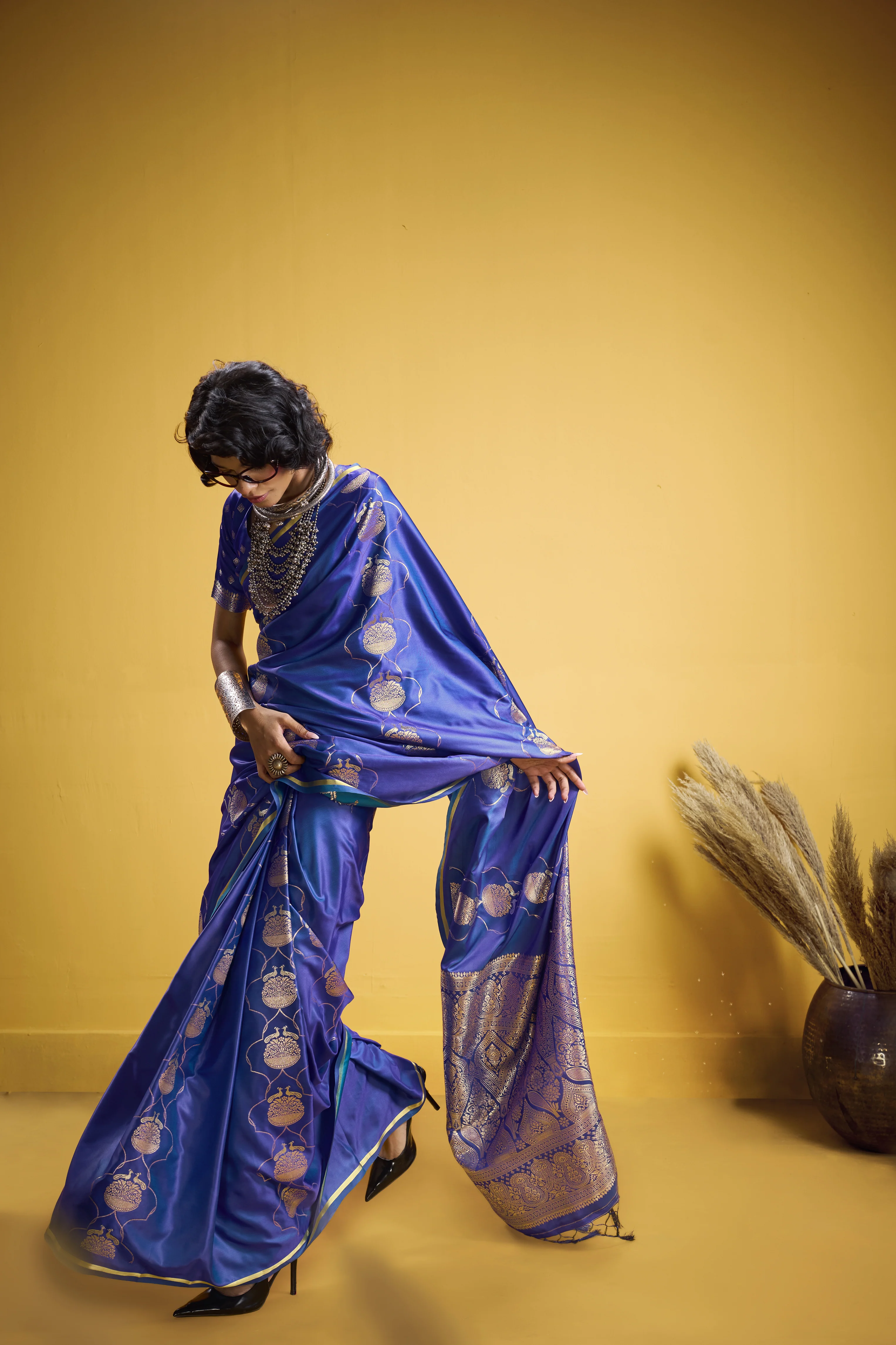 Royal Blue Satin Handloom Saree with Gold Woven Motifs & Rich Pallu - Image 5